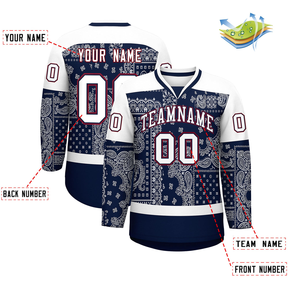 Custom White Navy Crimson Cashew Flower Graffiti Pattern V-Neck Hockey Jersey| KXKSHOP