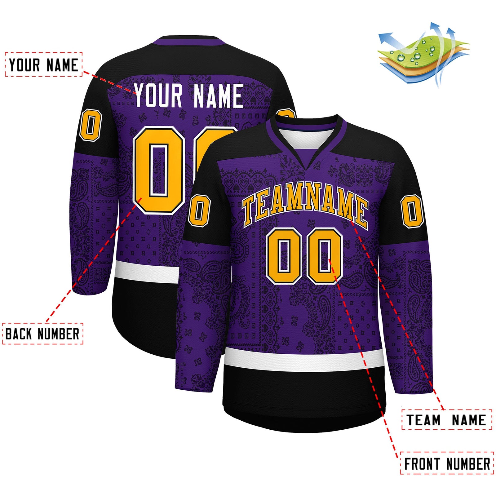 Custom Black Purple White Cashew Flower Graffiti Pattern V-Neck Hockey Jersey| KXKSHOP
