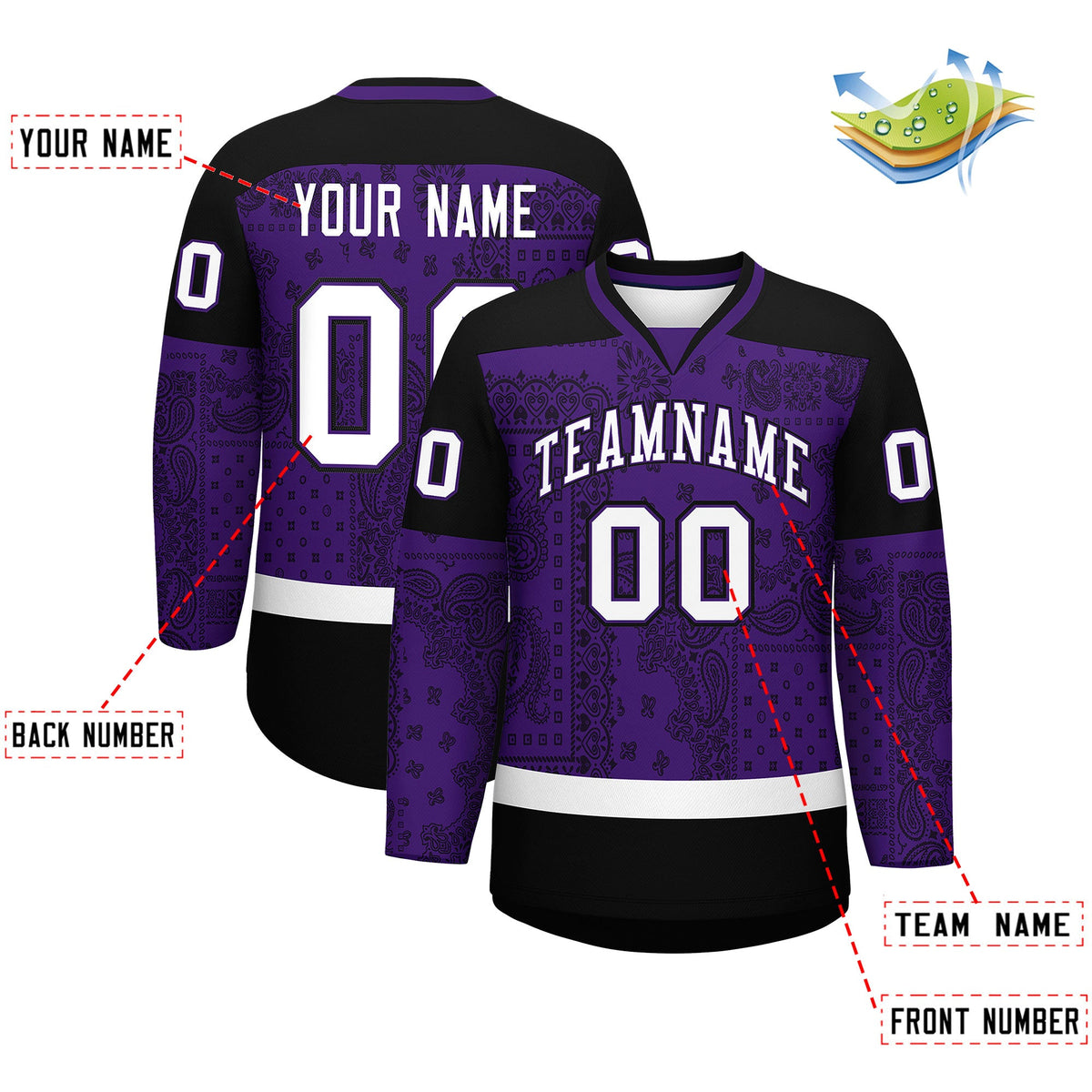 Custom Black White Purple Cashew Flower Graffiti Pattern V-Neck Hockey Jersey| KXKSHOP