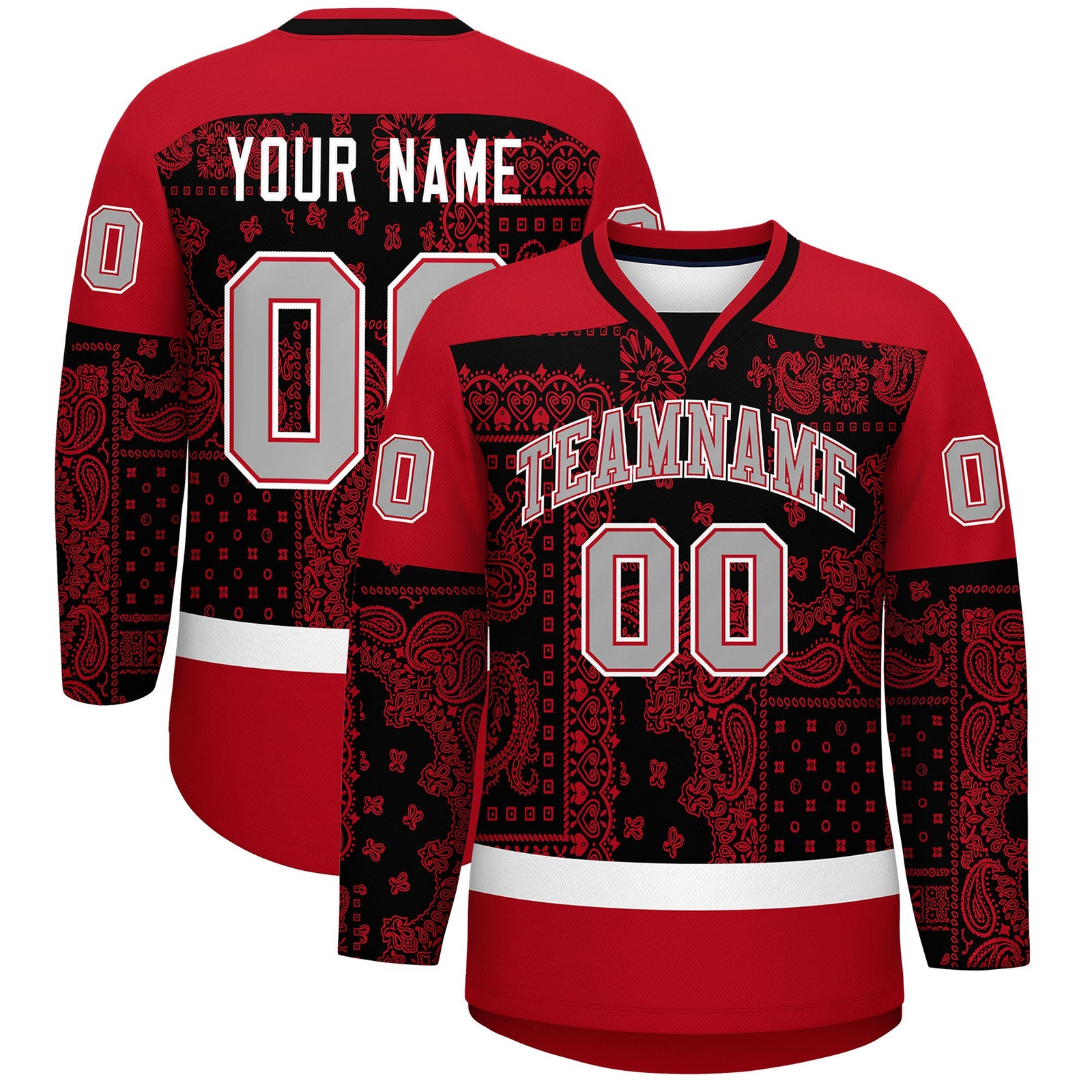 Custom Red Black White Cashew Flower Graffiti Pattern V-Neck Hockey Jersey| KXKSHOP