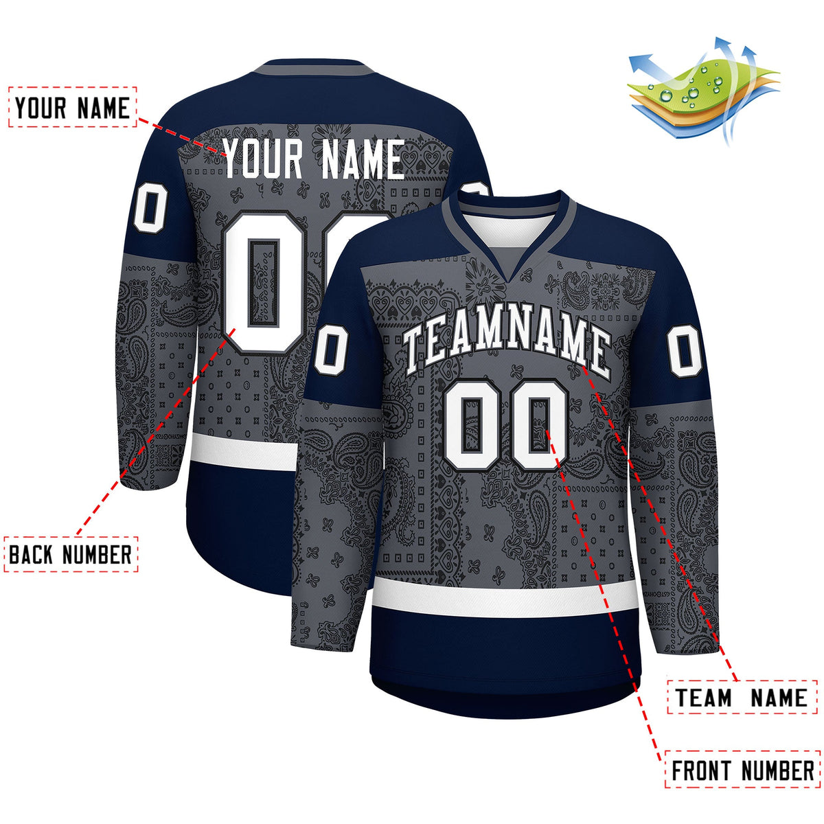 Custom Black Dark Gray White Cashew Flower Graffiti Pattern V-Neck Hockey Jersey| KXKSHOP