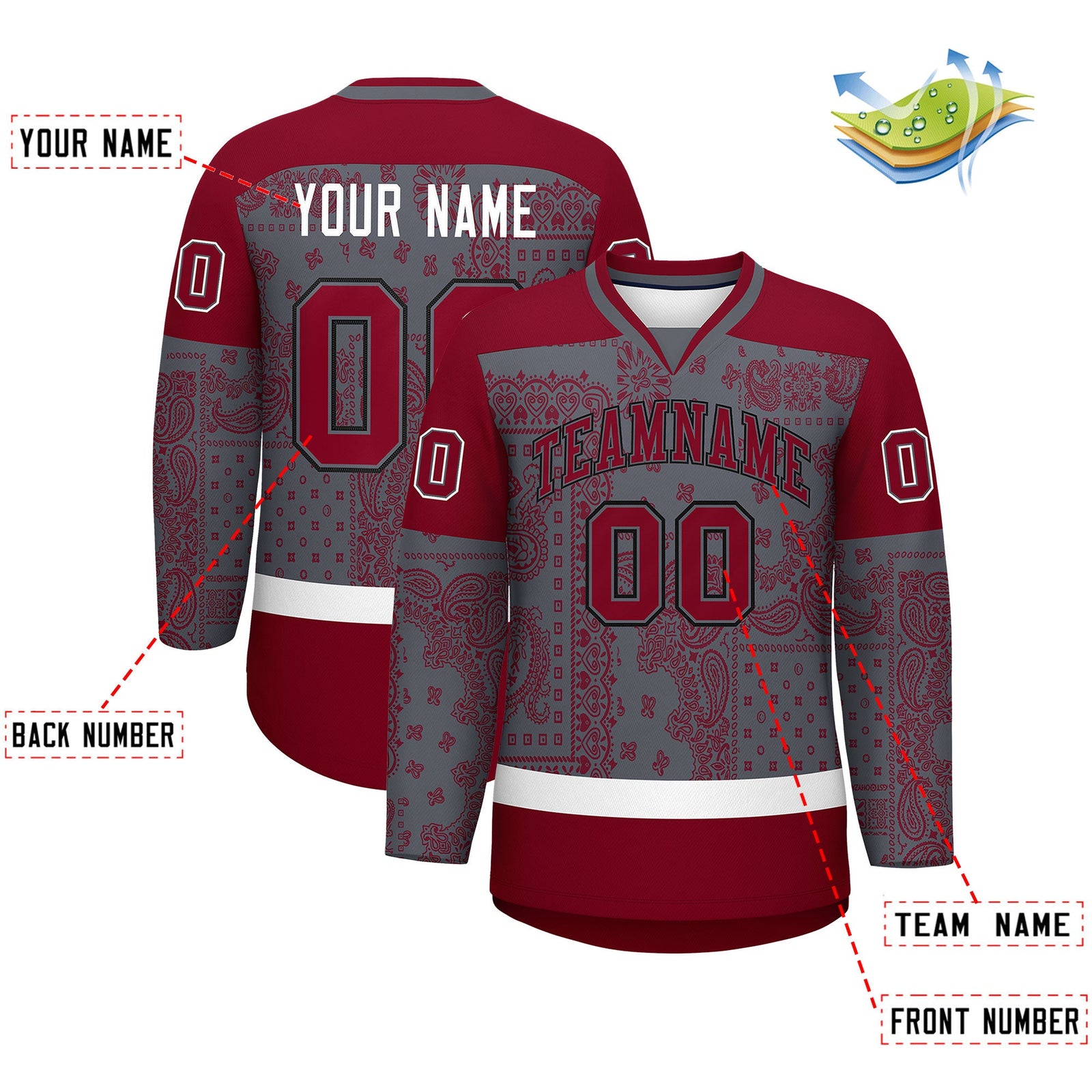 Custom Red Dark Gray White Cashew Flower Graffiti Pattern V-Neck Hockey Jersey| KXKSHOP