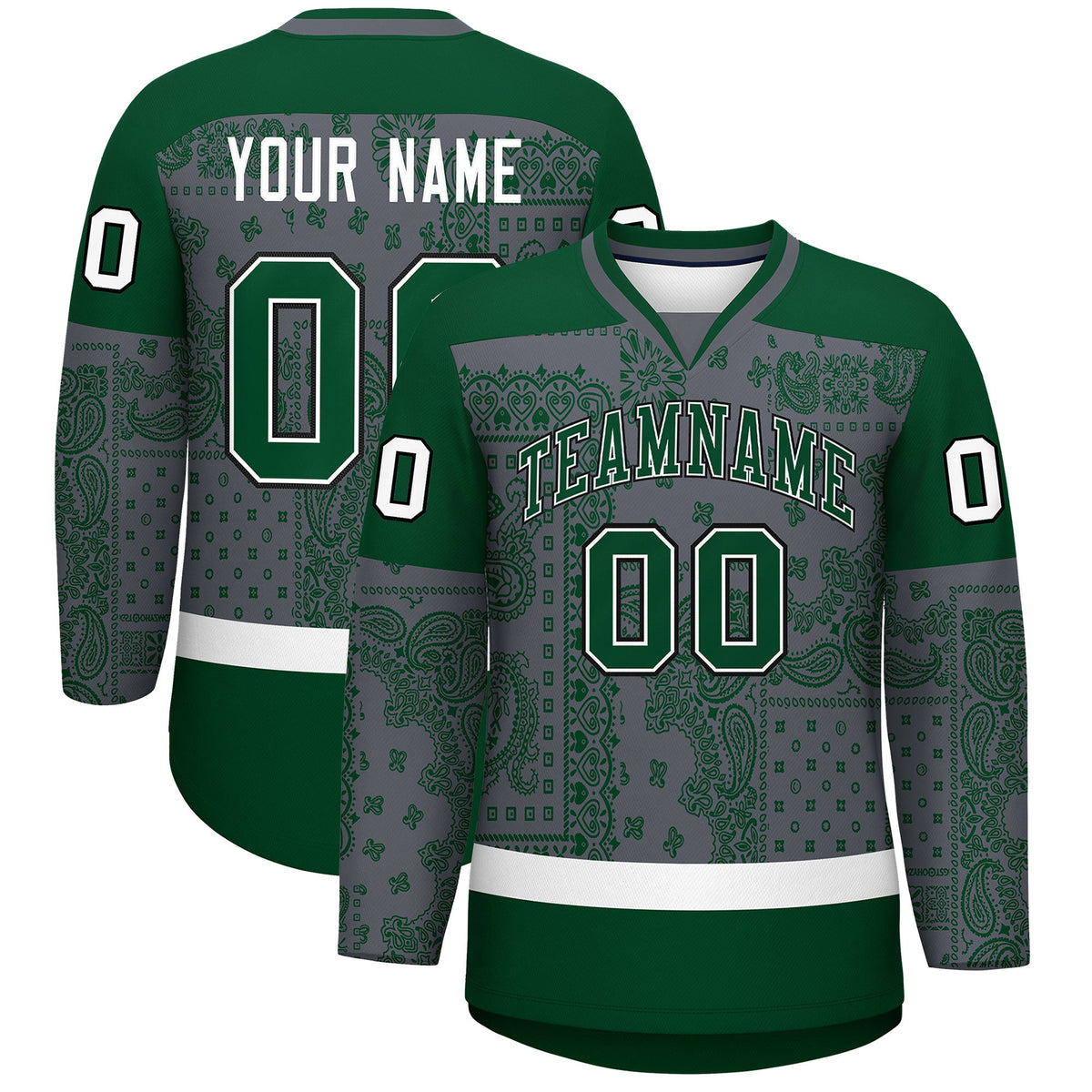 Custom Green Dark Gray White Cashew Flower Graffiti Pattern V-Neck Hockey Jersey| KXKSHOP