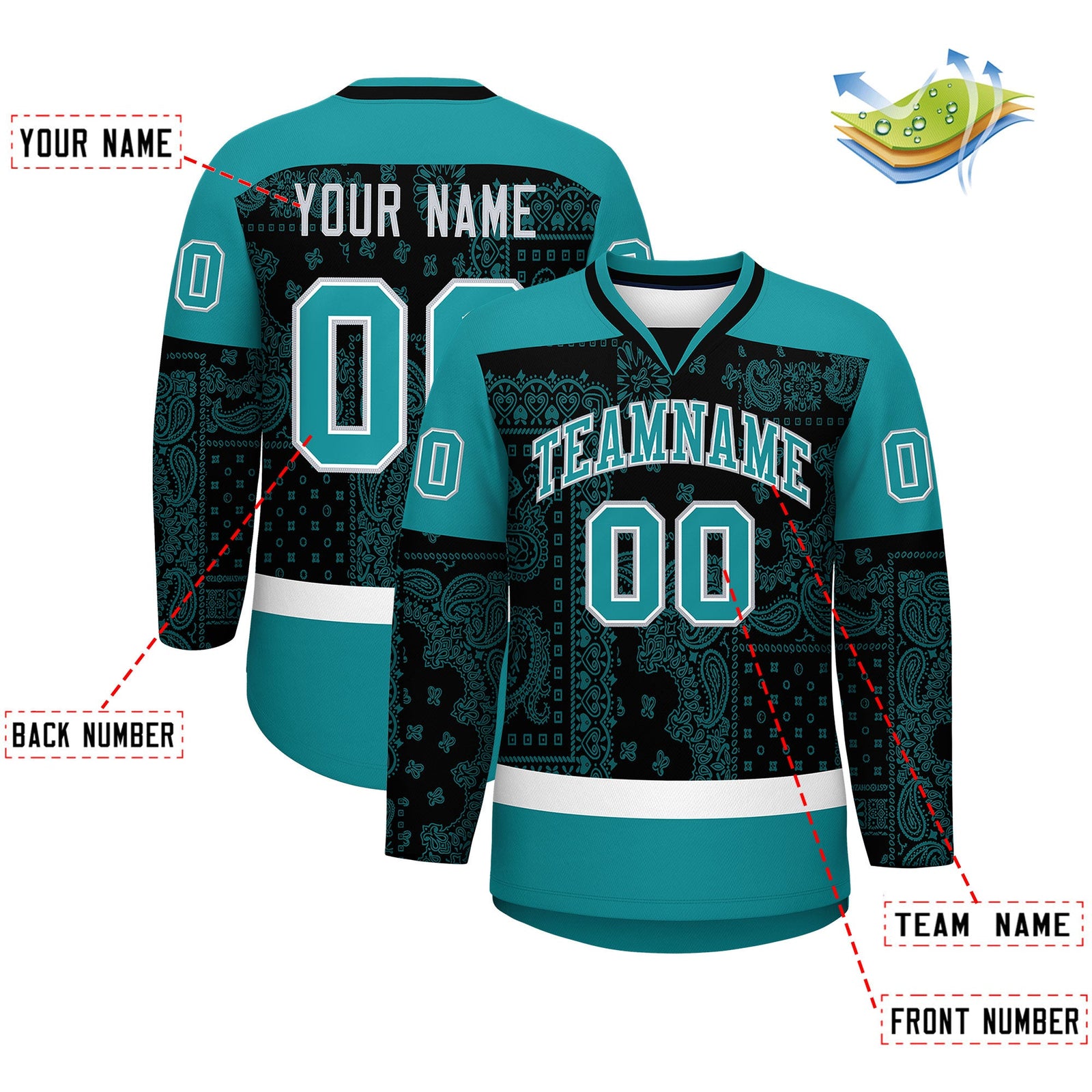Custom Aqua Black White Cashew Flower Graffiti Pattern V-Neck Hockey Jersey| KXKSHOP