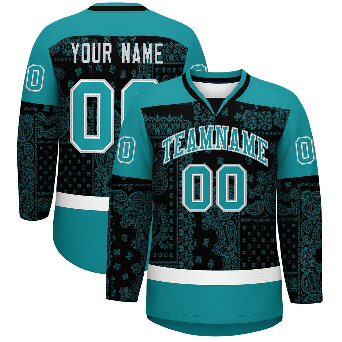 Custom Aqua Black White Cashew Flower Graffiti Pattern V-Neck Hockey Jersey| KXKSHOP