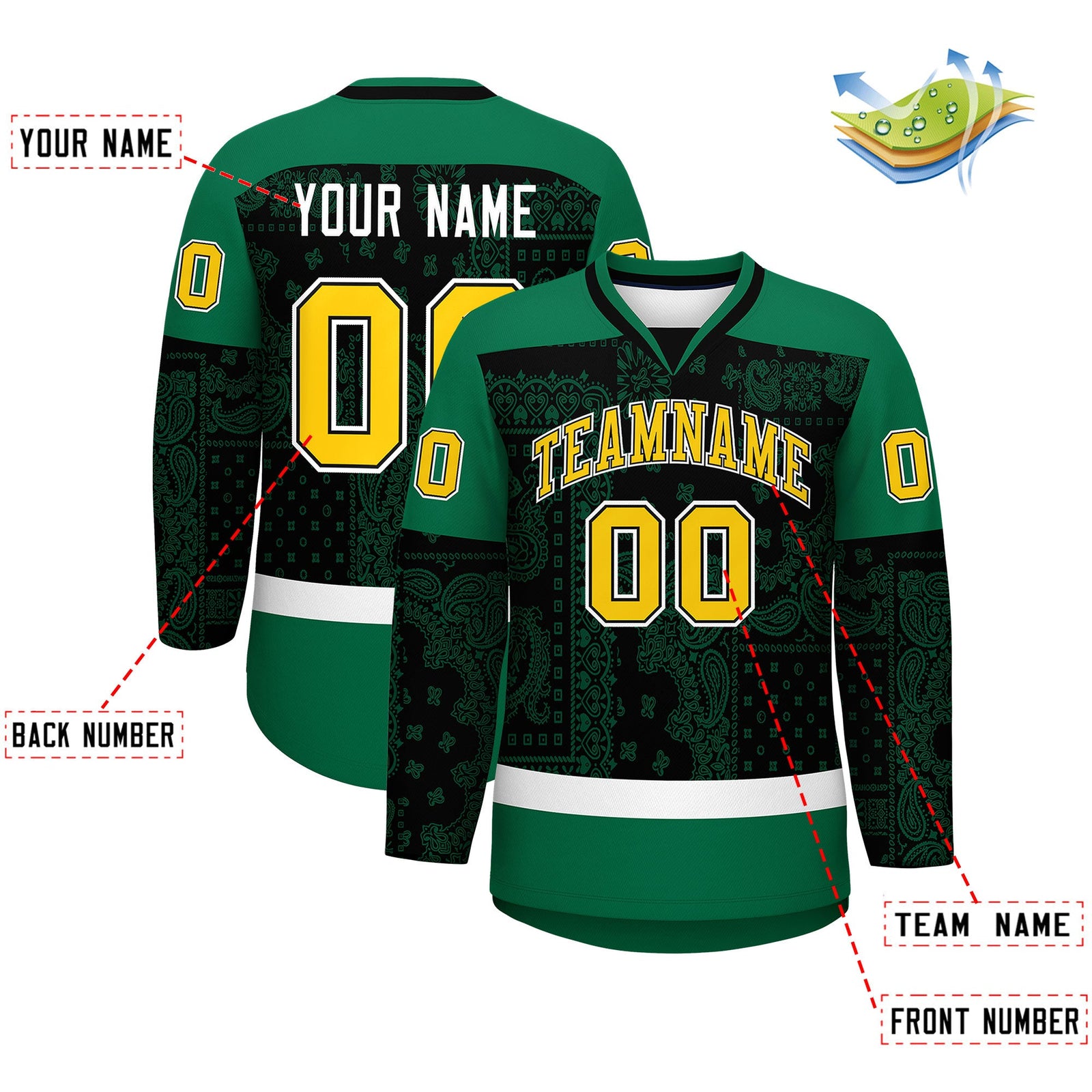 Custom Kelly Green Black White Cashew Flower Graffiti Pattern V-Neck Hockey Jersey| KXKSHOP