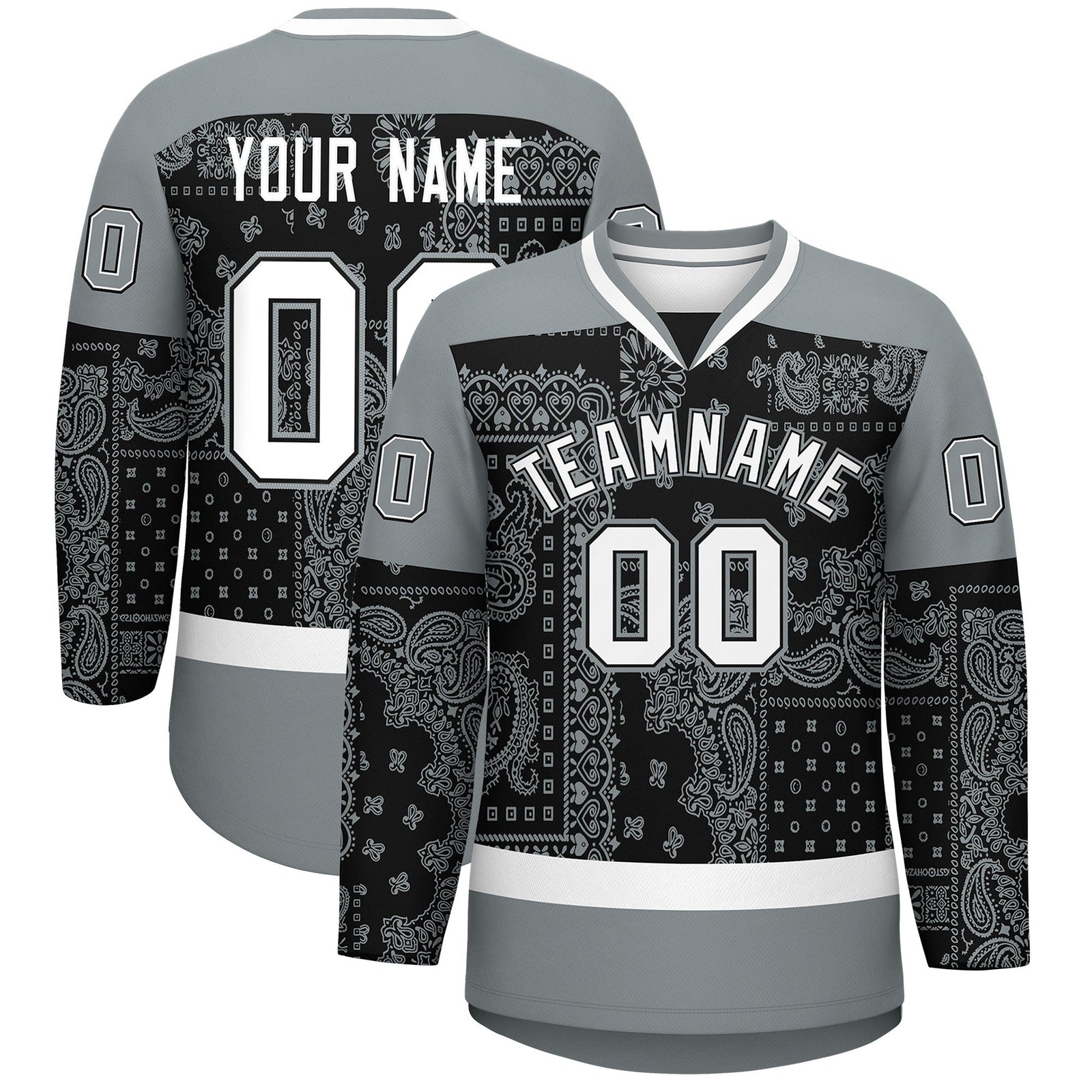 Custom Silver Gray White Black Cashew Flower Graffiti Pattern V-Neck Hockey Jersey| KXKSHOP