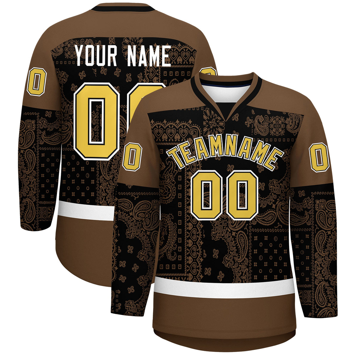 Custom Light Brown Black White Cashew Flower Graffiti Pattern V-Neck Hockey Jersey| KXKSHOP