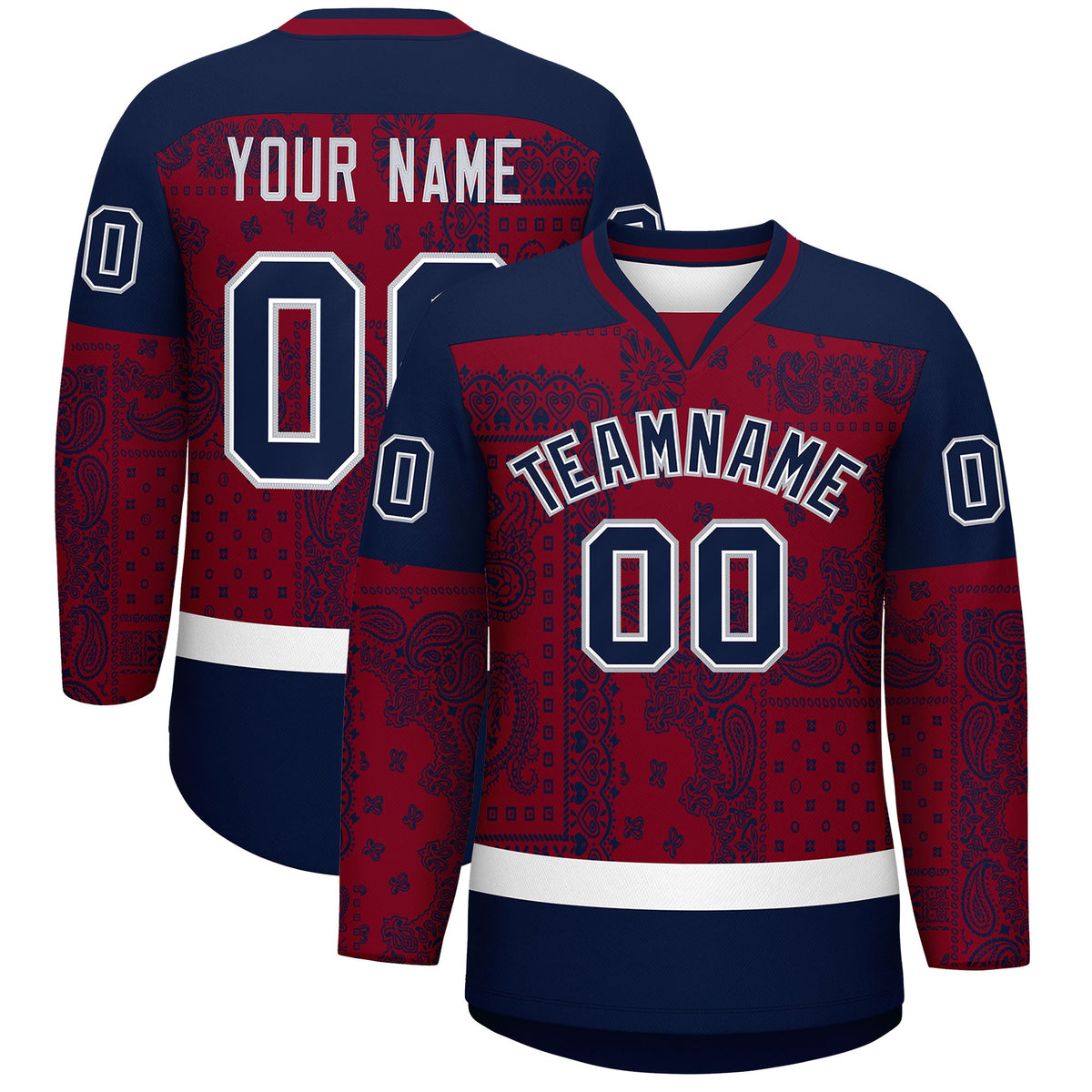 Custom Navy Crimson White Cashew Flower Graffiti Pattern V-Neck Hockey Jersey| KXKSHOP