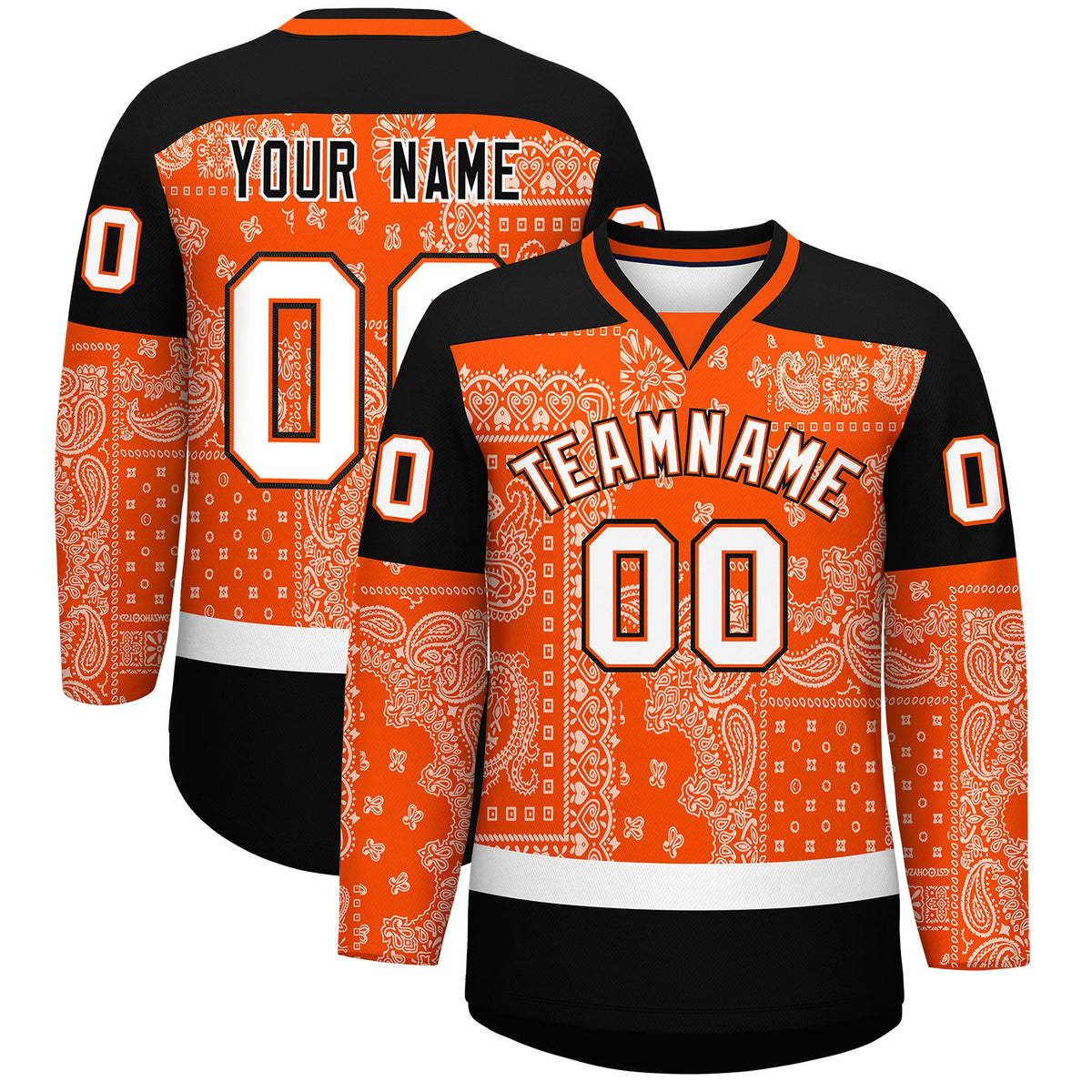 Custom Black Orange White Cashew Flower Graffiti Pattern V-Neck Hockey Jersey| KXKSHOP