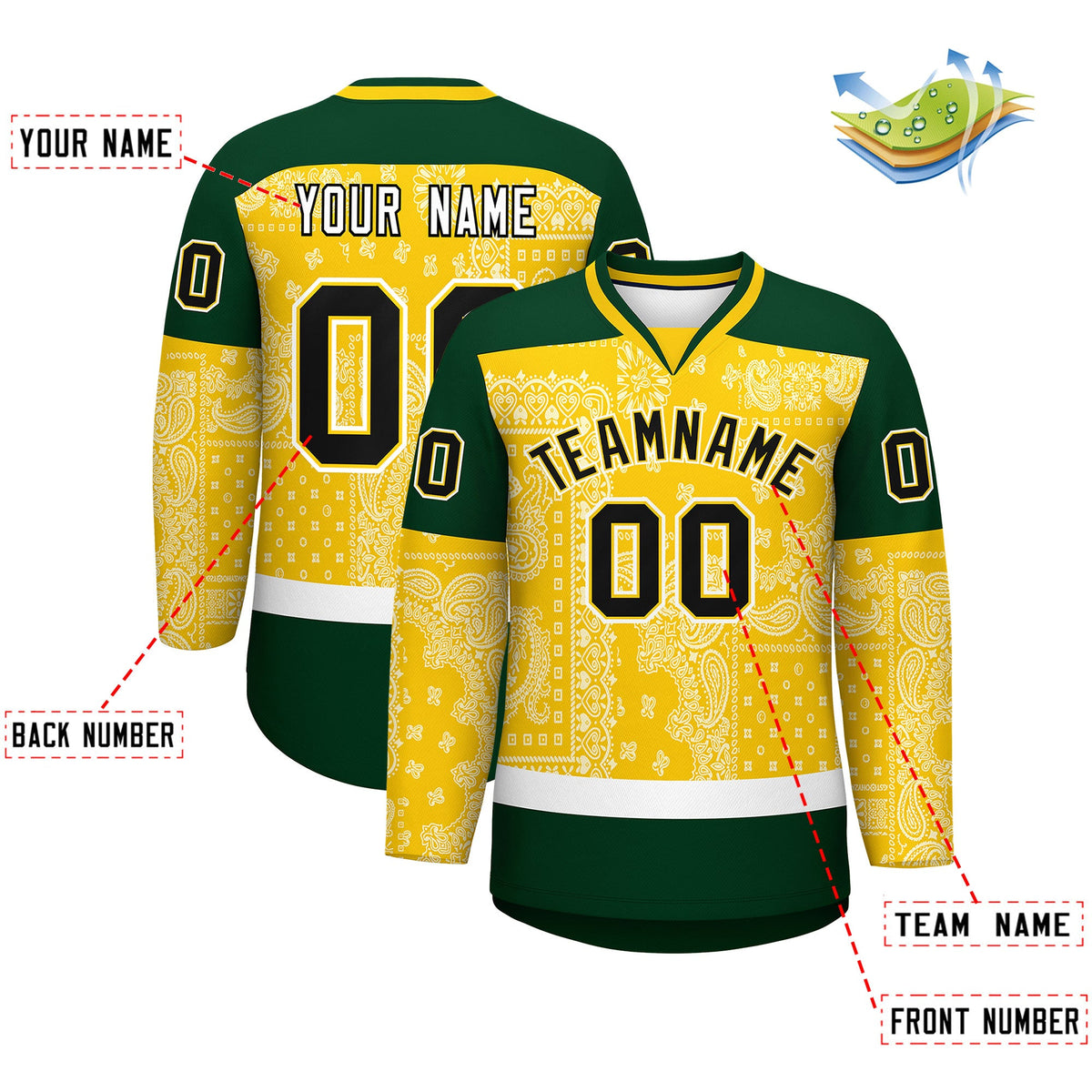 Custom Green Gold White Cashew Flower Graffiti Pattern V-Neck Hockey Jersey| KXKSHOP