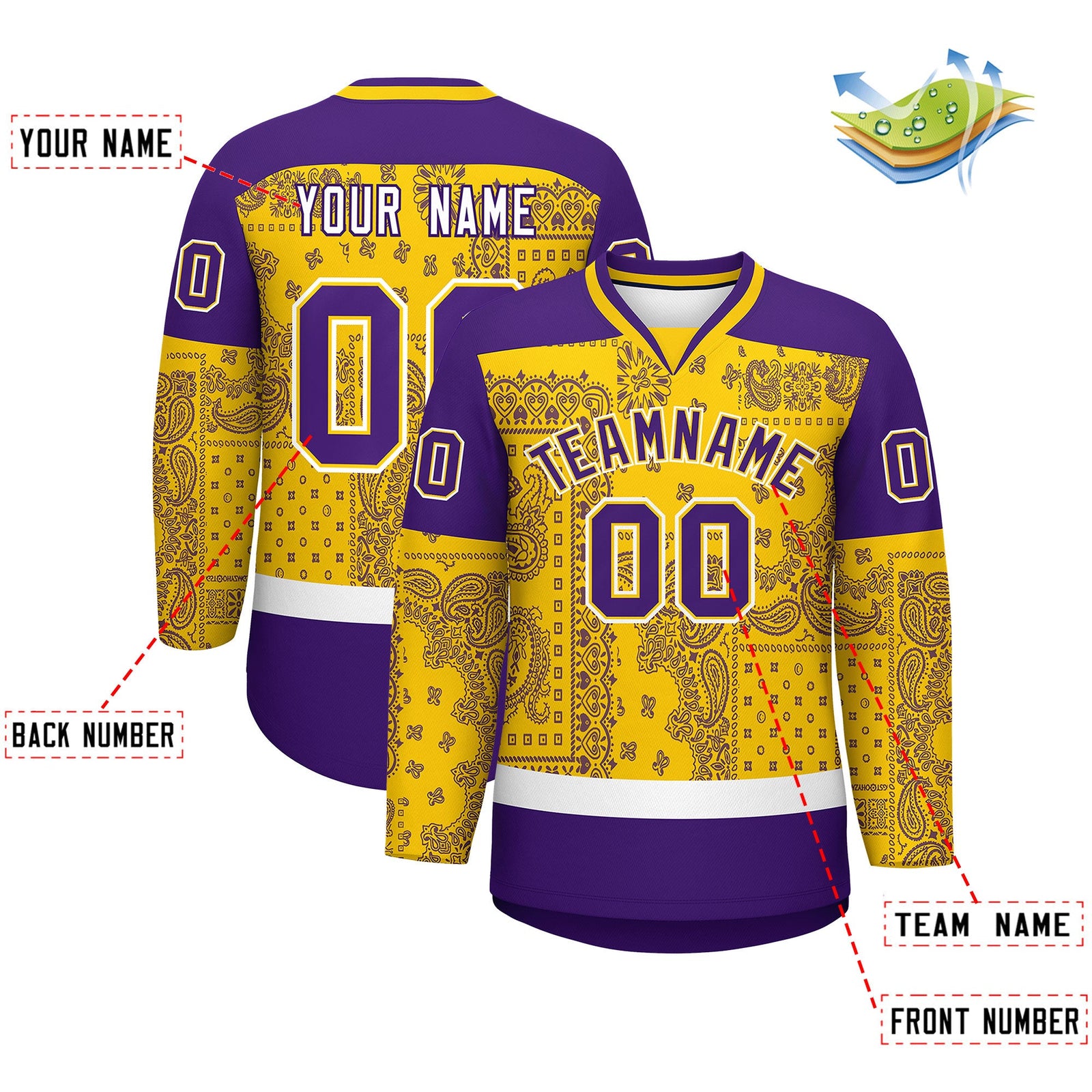 Custom Purple Gold White Cashew Flower Graffiti Pattern V-Neck Hockey Jersey| KXKSHOP