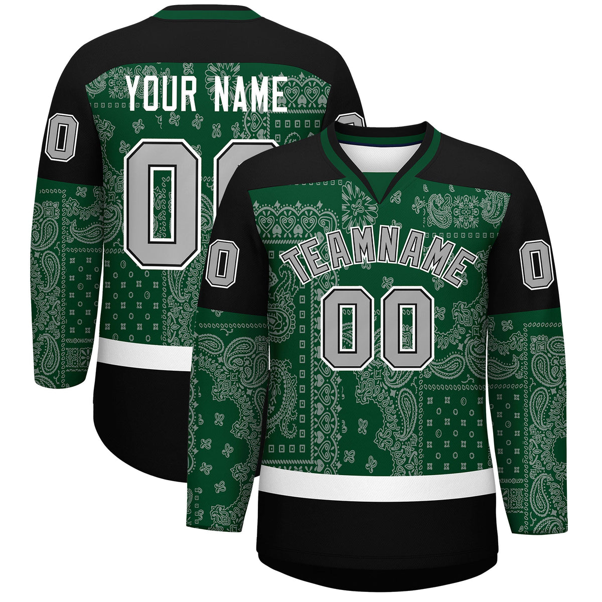 Custom Black Green White Cashew Flower Graffiti Pattern V-Neck Hockey Jersey| KXKSHOP