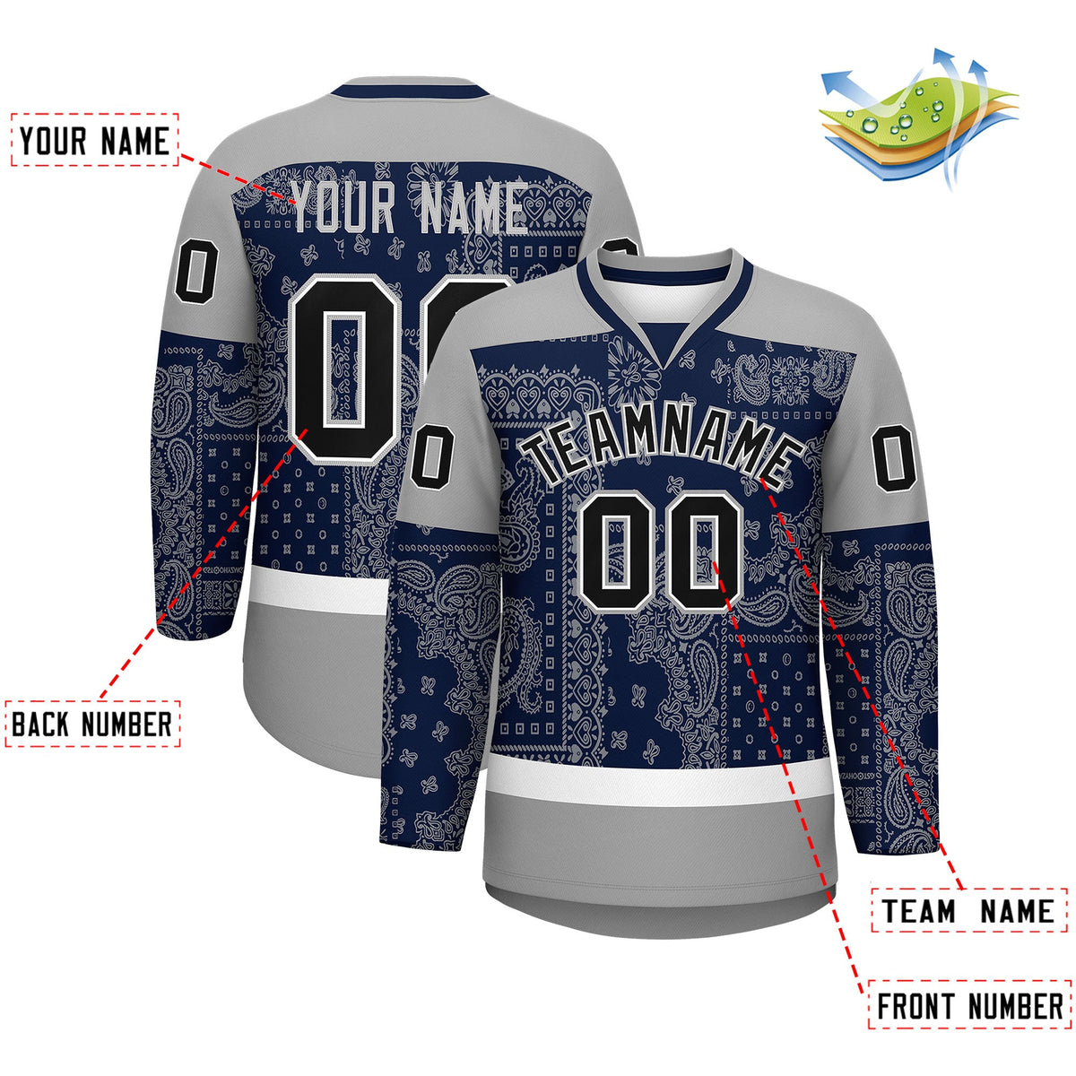 Custom Gray Navy White Cashew Flower Graffiti Pattern V-Neck Hockey Jersey| KXKSHOP