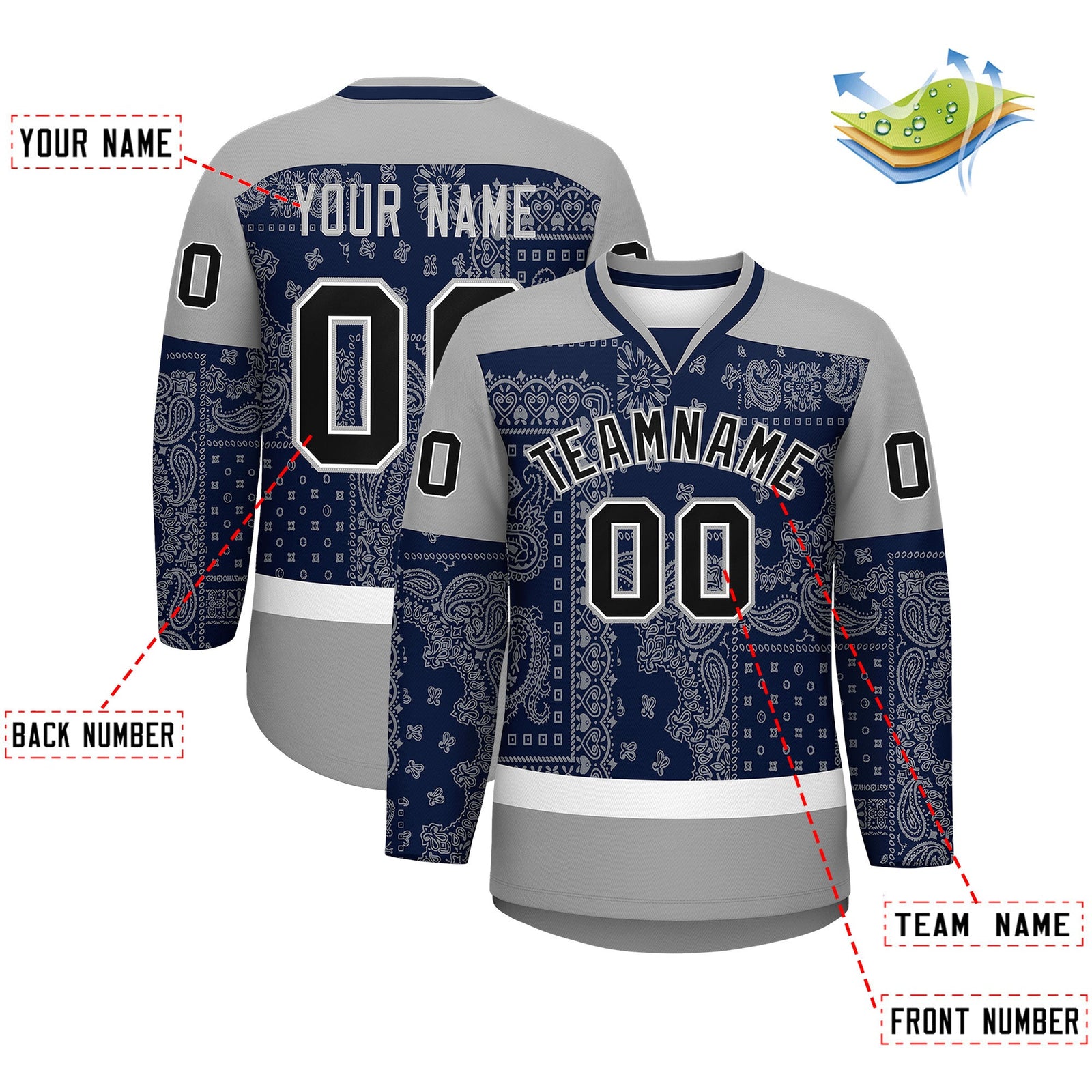 Custom Gray Navy White Cashew Flower Graffiti Pattern V-Neck Hockey Jersey| KXKSHOP