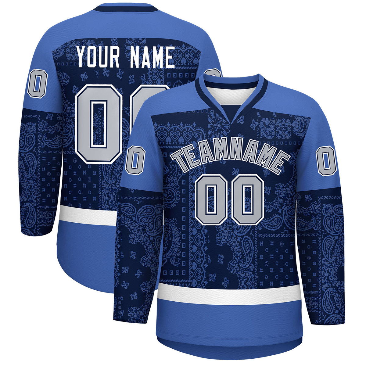 Custom Blue Navy White Cashew Flower Graffiti Pattern V-Neck Hockey Jersey| KXKSHOP