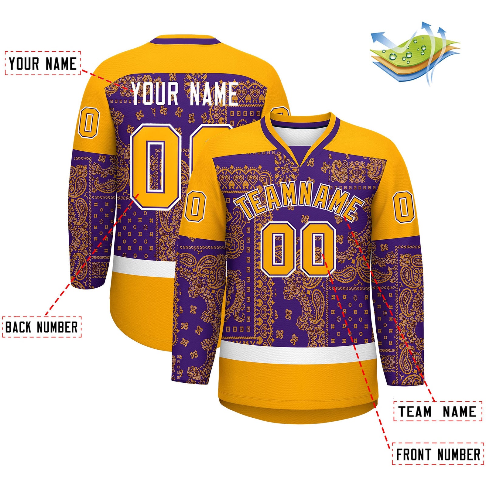 Custom Yellow Purple White Cashew Flower Graffiti Pattern V-Neck Hockey Jersey| KXKSHOP