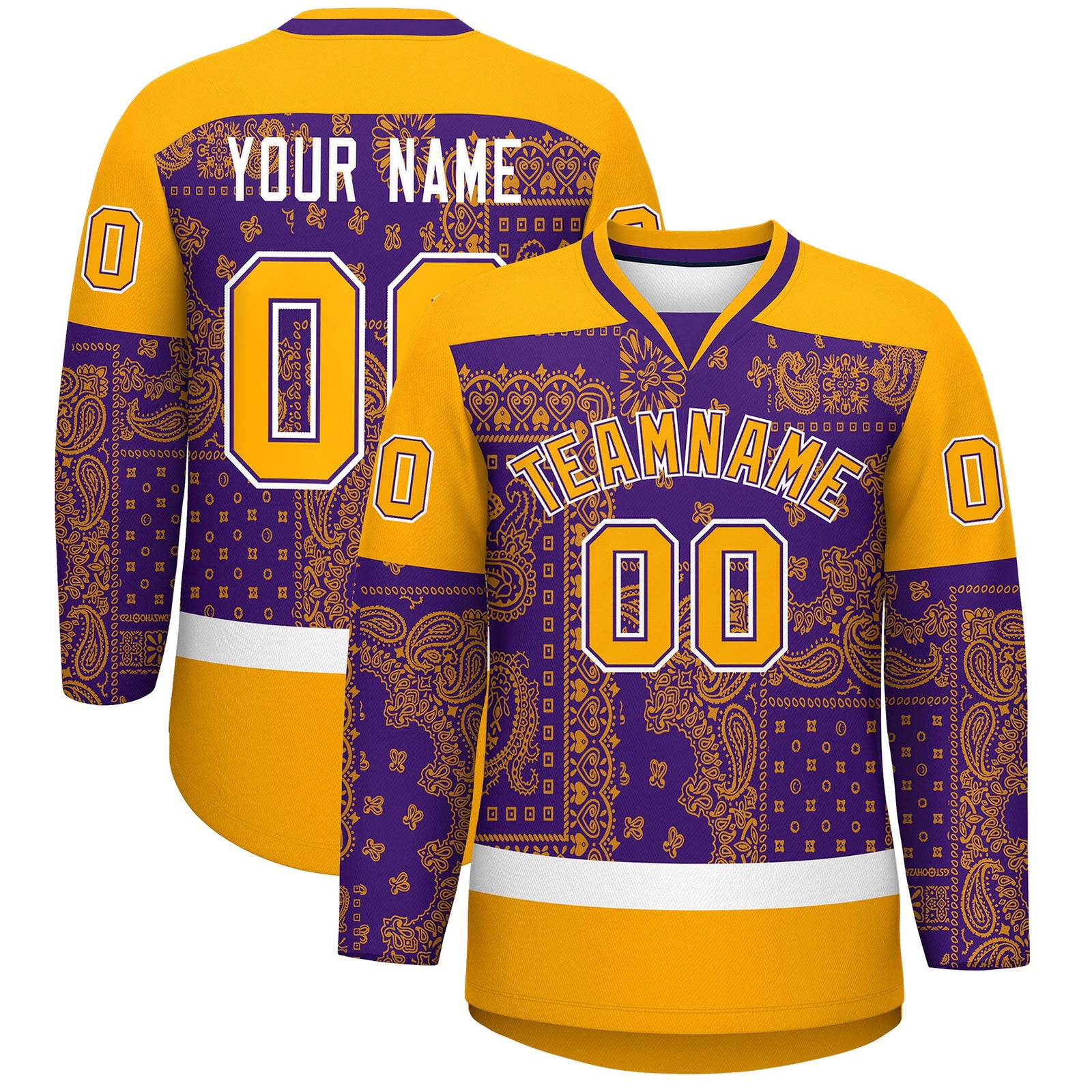 Custom Yellow Purple White Cashew Flower Graffiti Pattern V-Neck Hockey Jersey| KXKSHOP