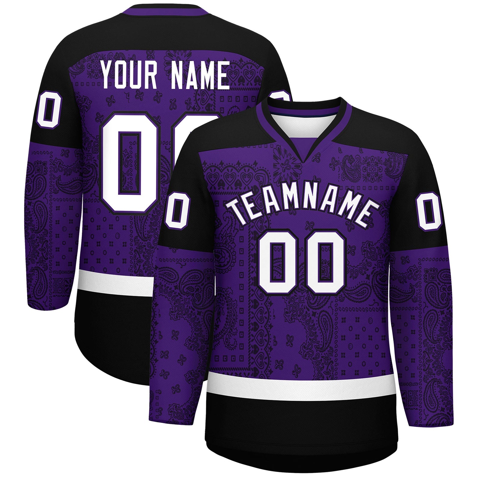 Custom Black White Purple Cashew Flower Graffiti Pattern V-Neck Hockey Jersey| KXKSHOP