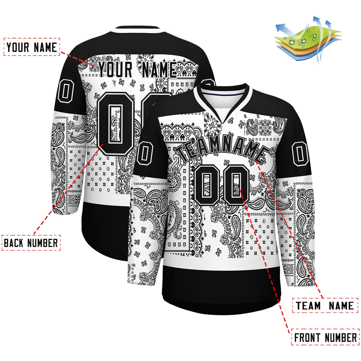 Custom Black White Cashew Flower Graffiti Pattern V-Neck Hockey Jersey| KXKSHOP