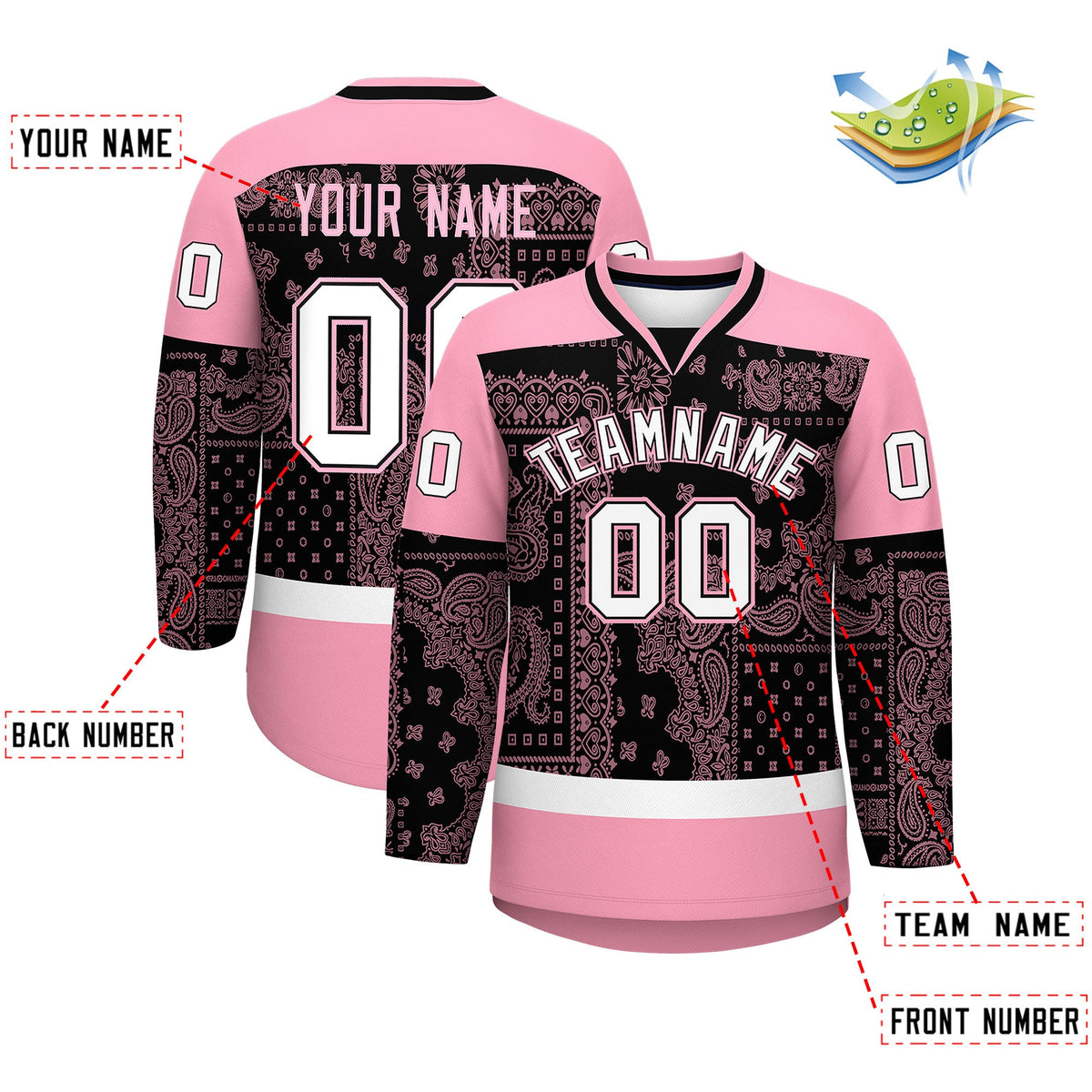Custom Light Pink Black White Cashew Flower Graffiti Pattern V-Neck Hockey Jersey| KXKSHOP