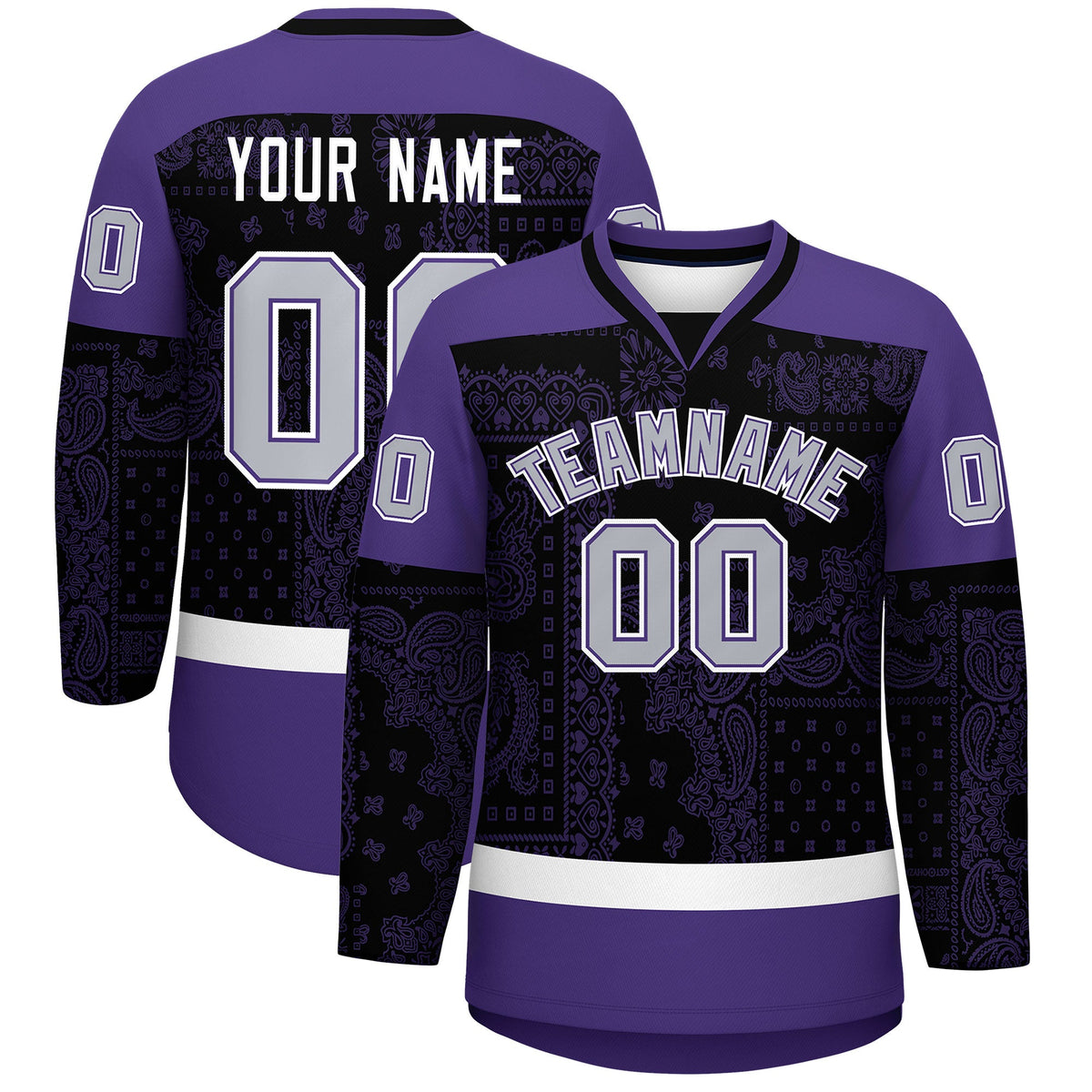 Custom Purple Black White Cashew Flower Graffiti Pattern V-Neck Hockey Jersey| KXKSHOP