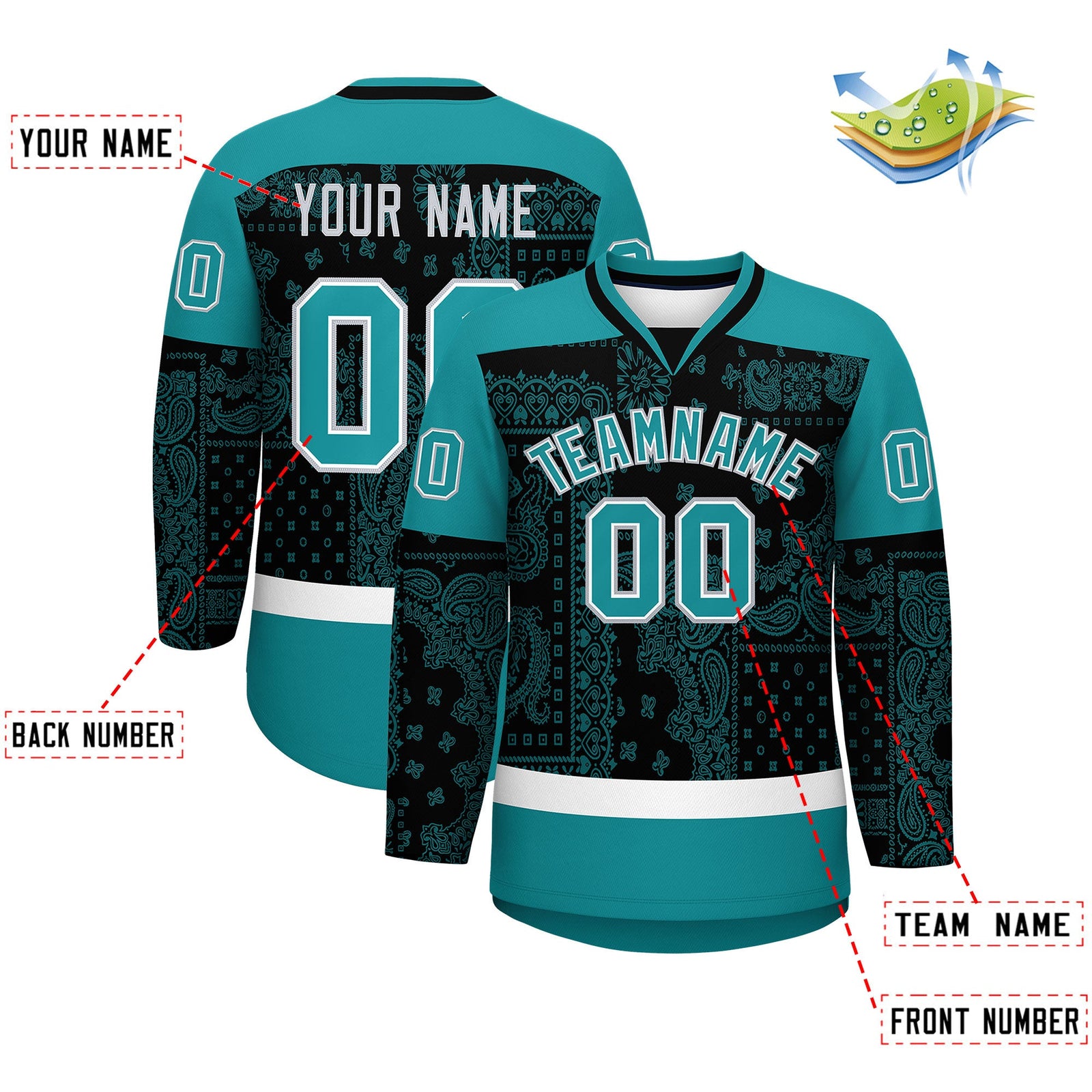 Custom Aqua Black White Cashew Flower Graffiti Pattern V-Neck Hockey Jersey| KXKSHOP