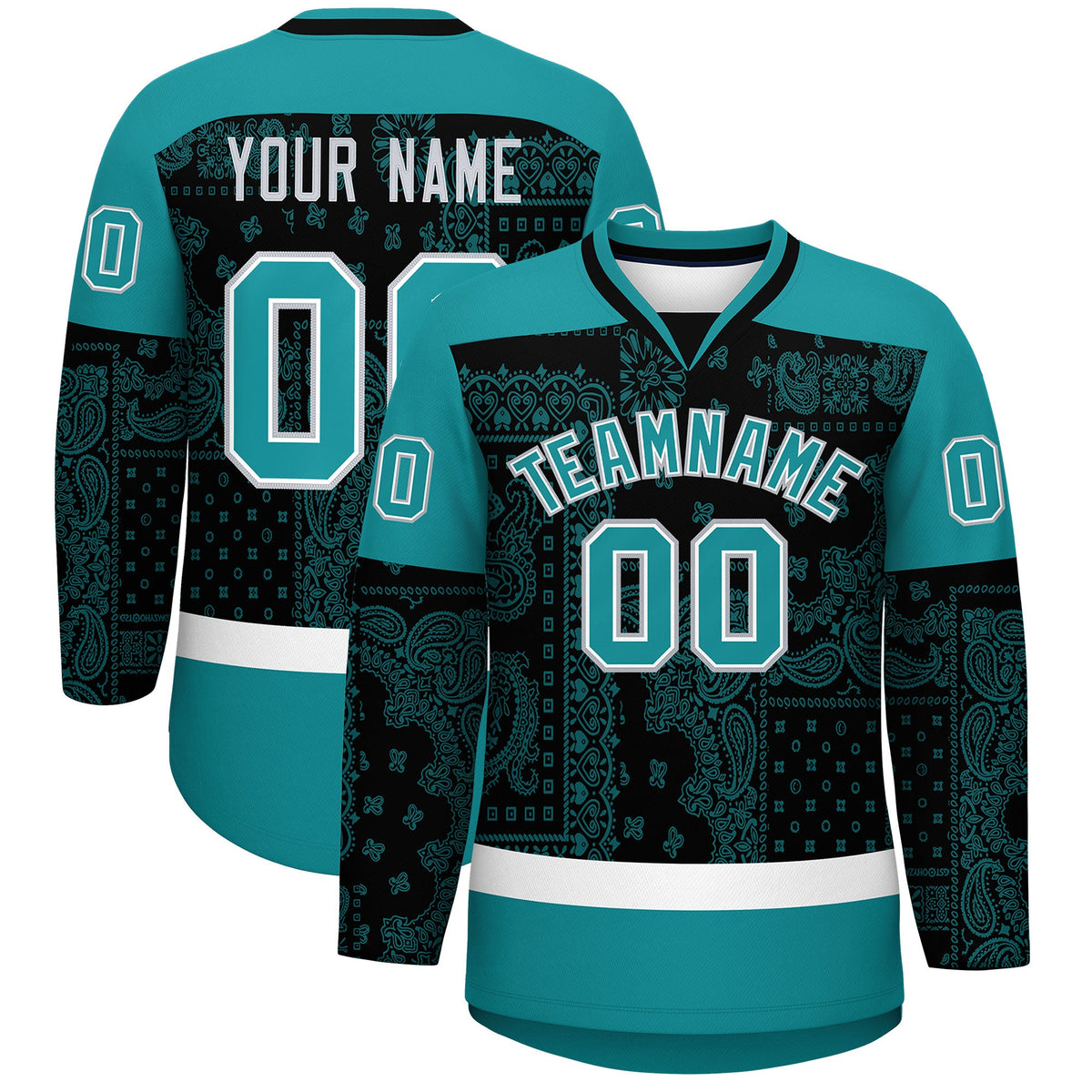 Custom Aqua Black White Cashew Flower Graffiti Pattern V-Neck Hockey Jersey| KXKSHOP