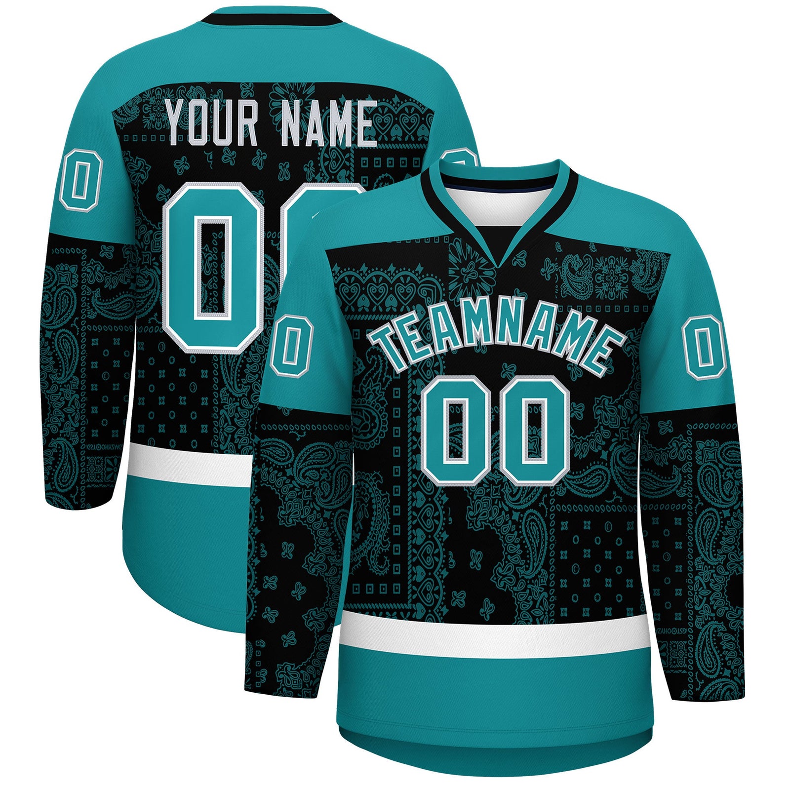 Custom Aqua Black White Cashew Flower Graffiti Pattern V-Neck Hockey Jersey| KXKSHOP