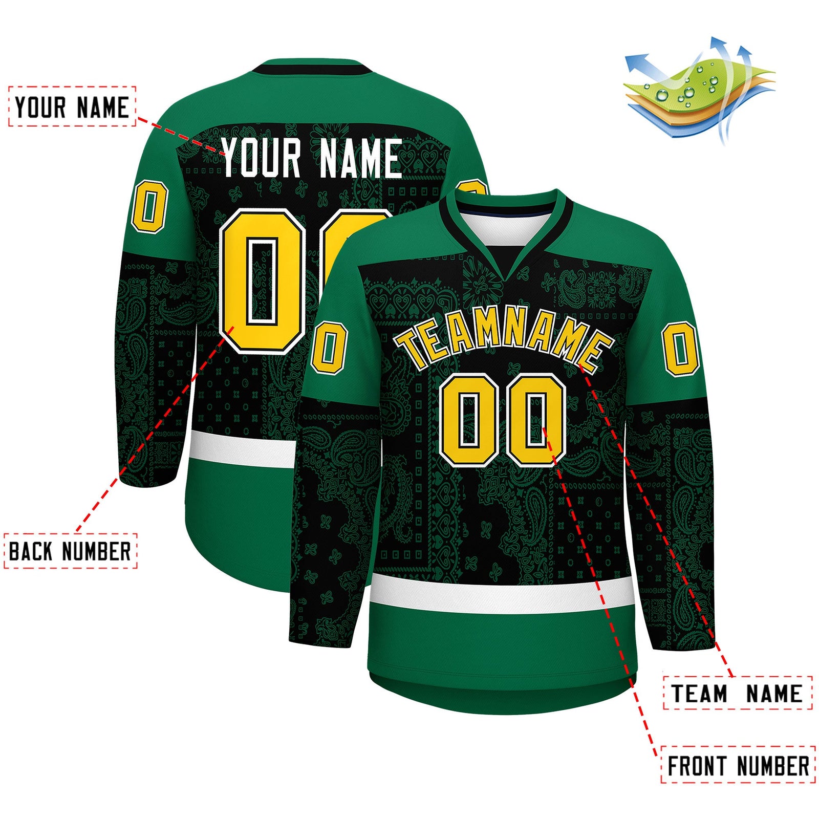 Custom Kelly Green Black White Cashew Flower Graffiti Pattern V-Neck Hockey Jersey| KXKSHOP