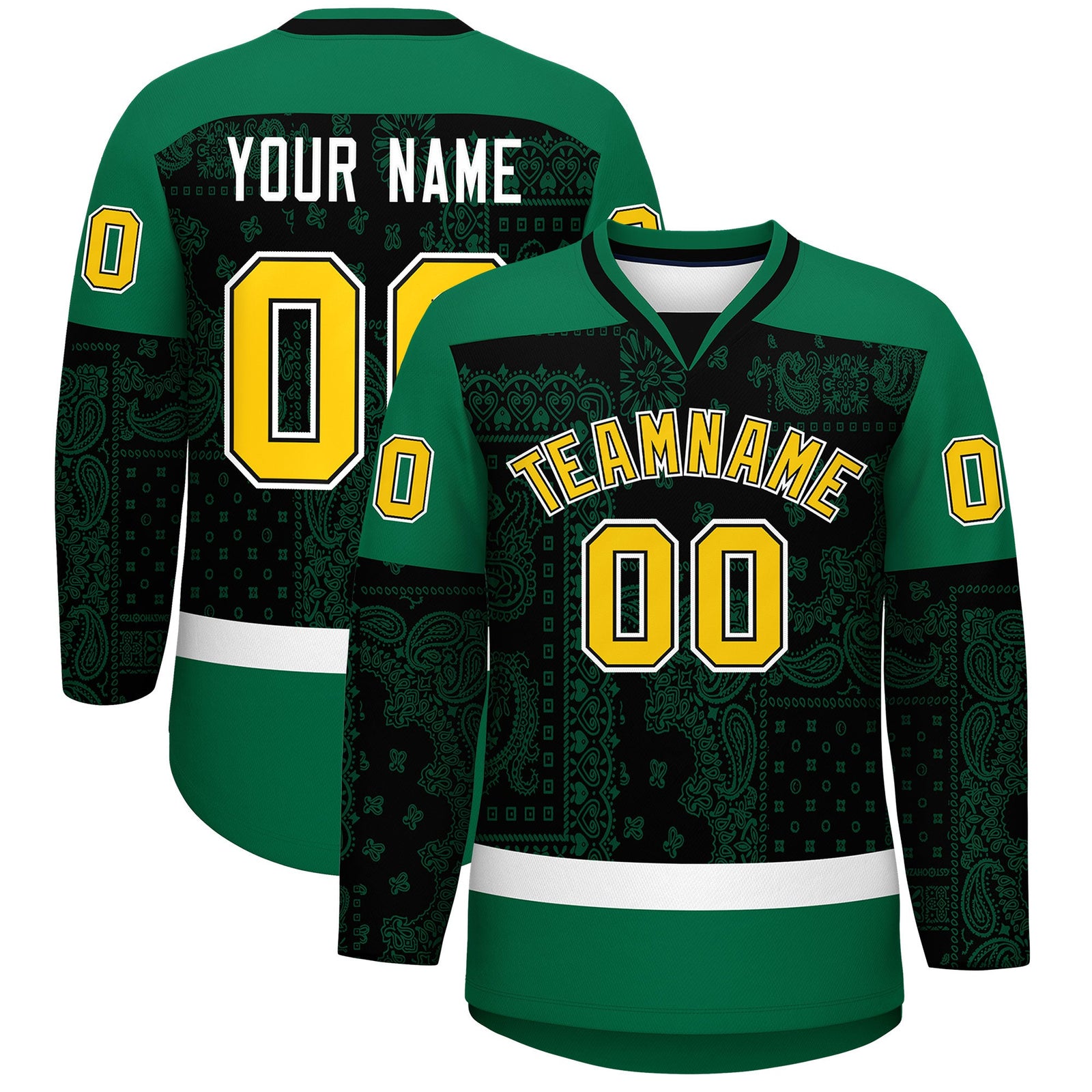 Custom Kelly Green Black White Cashew Flower Graffiti Pattern V-Neck Hockey Jersey| KXKSHOP