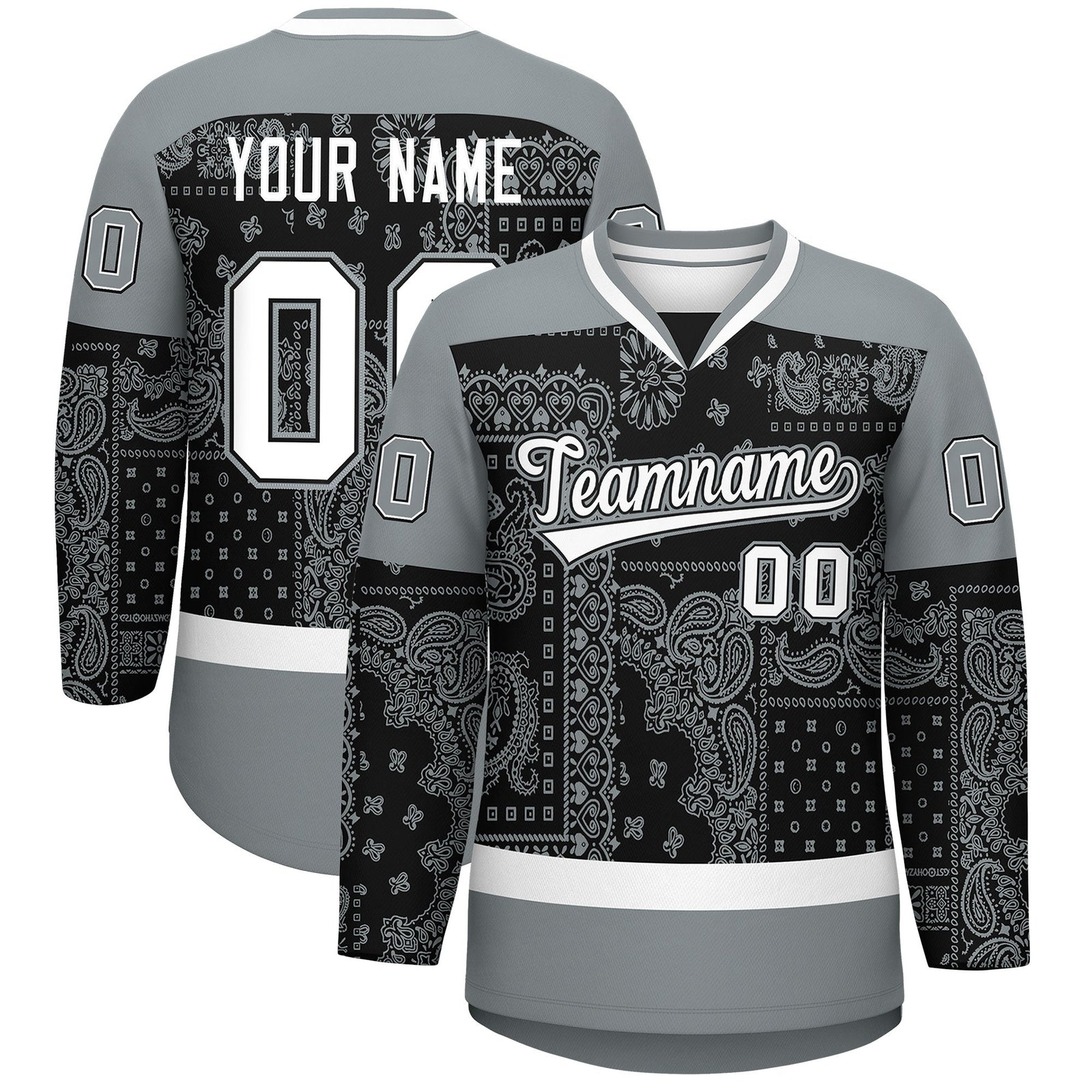 Custom Silver Gray White Black Cashew Flower Graffiti Pattern V-Neck Hockey Jersey| KXKSHOP