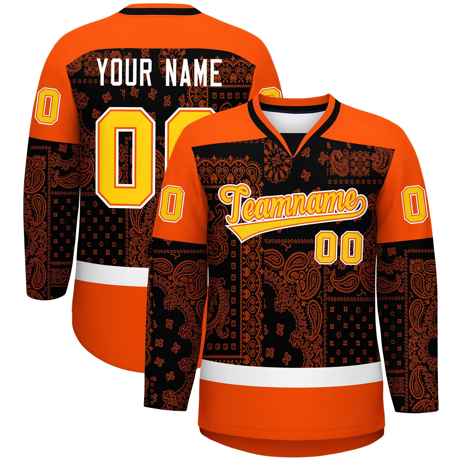 Custom Orange White Black Cashew Flower Graffiti Pattern V-Neck Hockey Jersey| KXKSHOP
