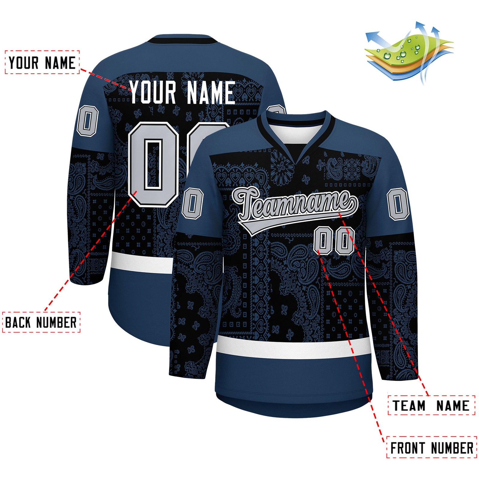Custom Midnight Blue White Black Cashew Flower Graffiti Pattern V-Neck Hockey Jersey| KXKSHOP