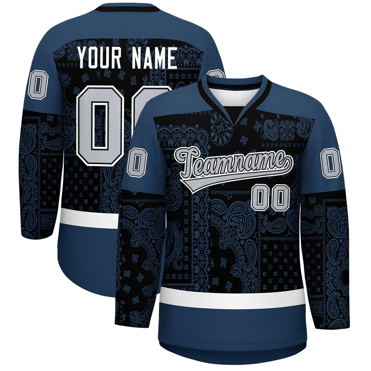 Custom Midnight Blue White Black Cashew Flower Graffiti Pattern V-Neck Hockey Jersey| KXKSHOP