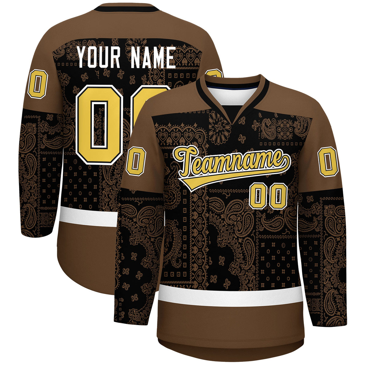 Custom Light Brown Black White Cashew Flower Graffiti Pattern V-Neck Hockey Jersey| KXKSHOP