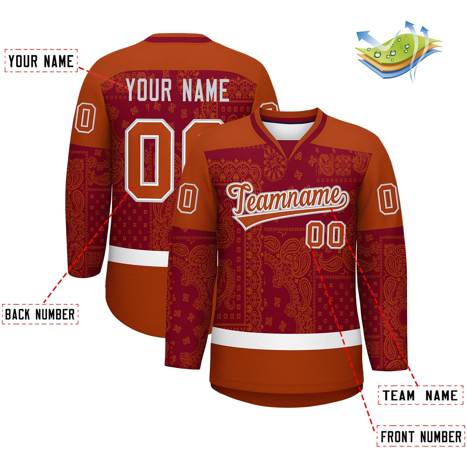 Custom Dark Orange Crimson White Cashew Flower Graffiti Pattern V-Neck Hockey Jersey| KXKSHOP