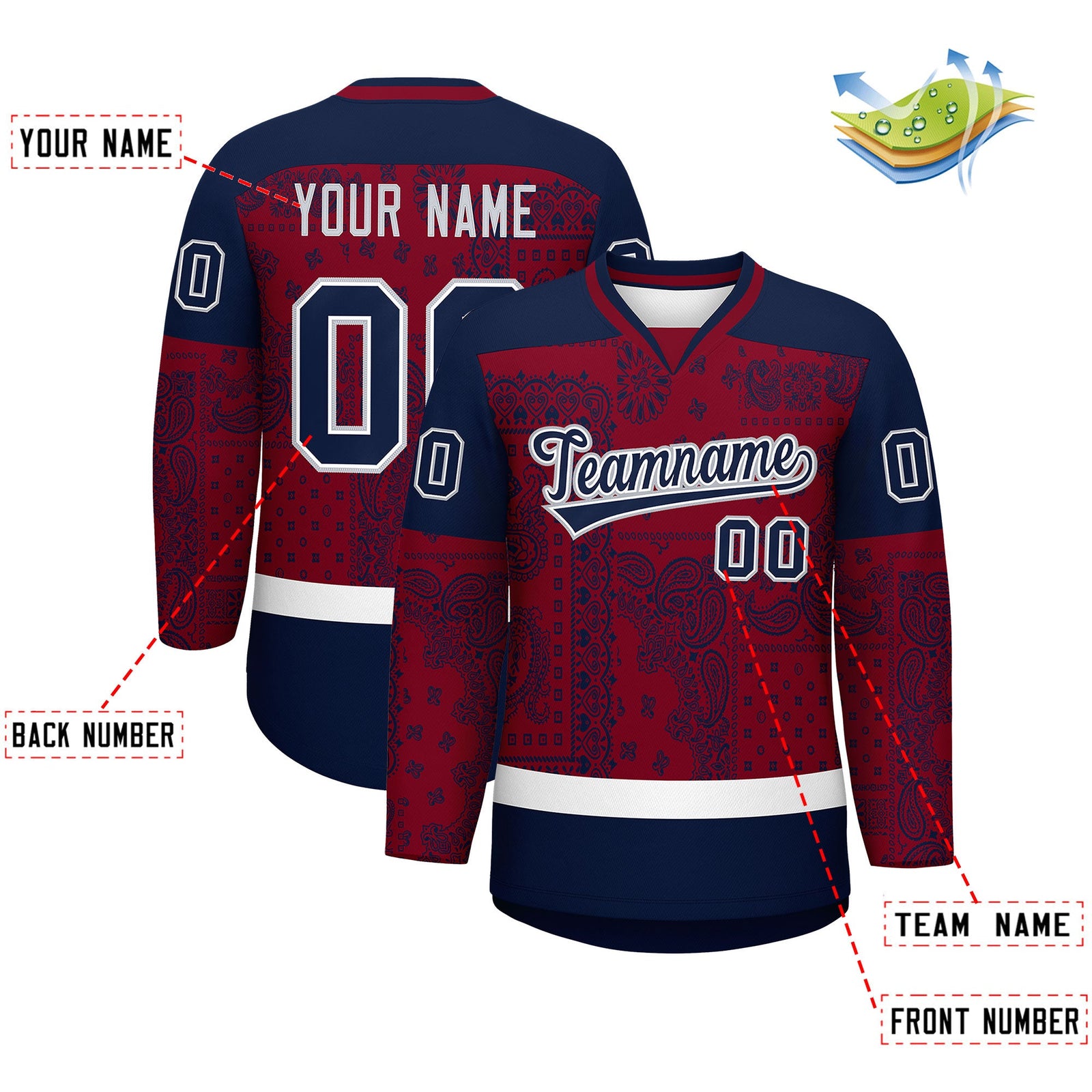 Custom Navy Crimson White Cashew Flower Graffiti Pattern V-Neck Hockey Jersey| KXKSHOP