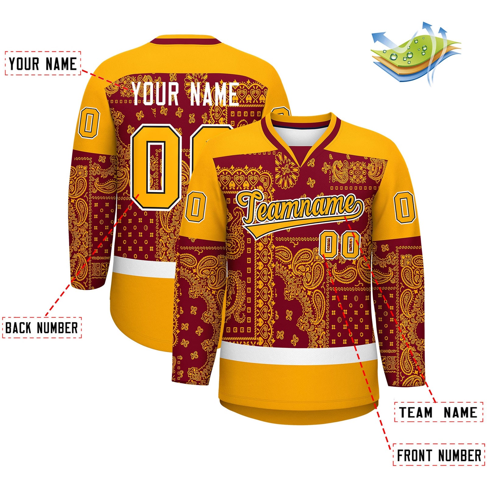 Custom Yellow Crimson White Cashew Flower Graffiti Pattern V-Neck Hockey Jersey| KXKSHOP