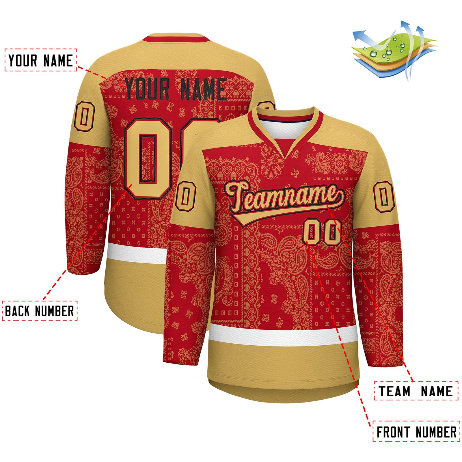 Custom Old Gold Red White Cashew Flower Graffiti Pattern V-Neck Hockey Jersey| KXKSHOP