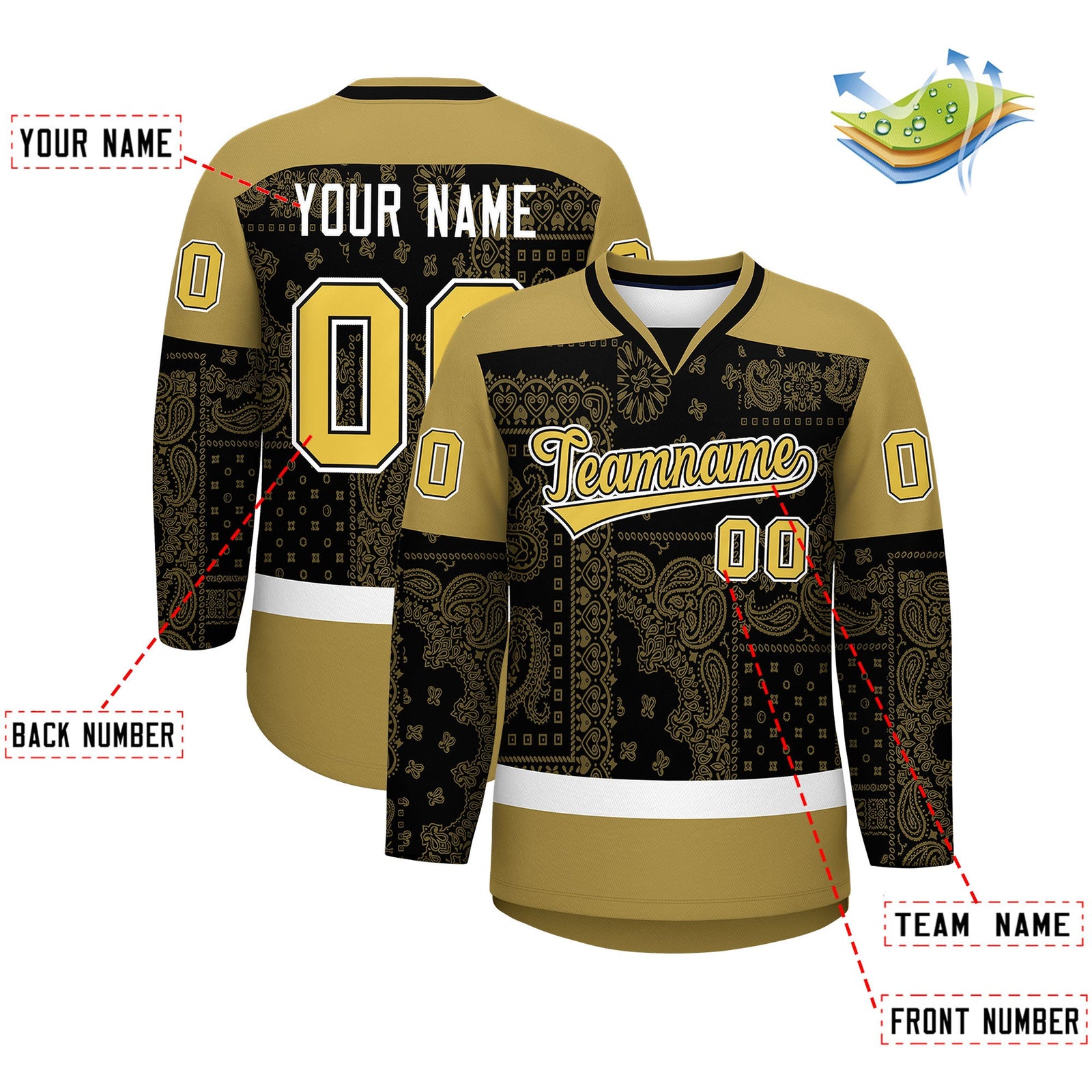 Custom Old Gold Black White Cashew Flower Graffiti Pattern V-Neck Hockey Jersey| KXKSHOP