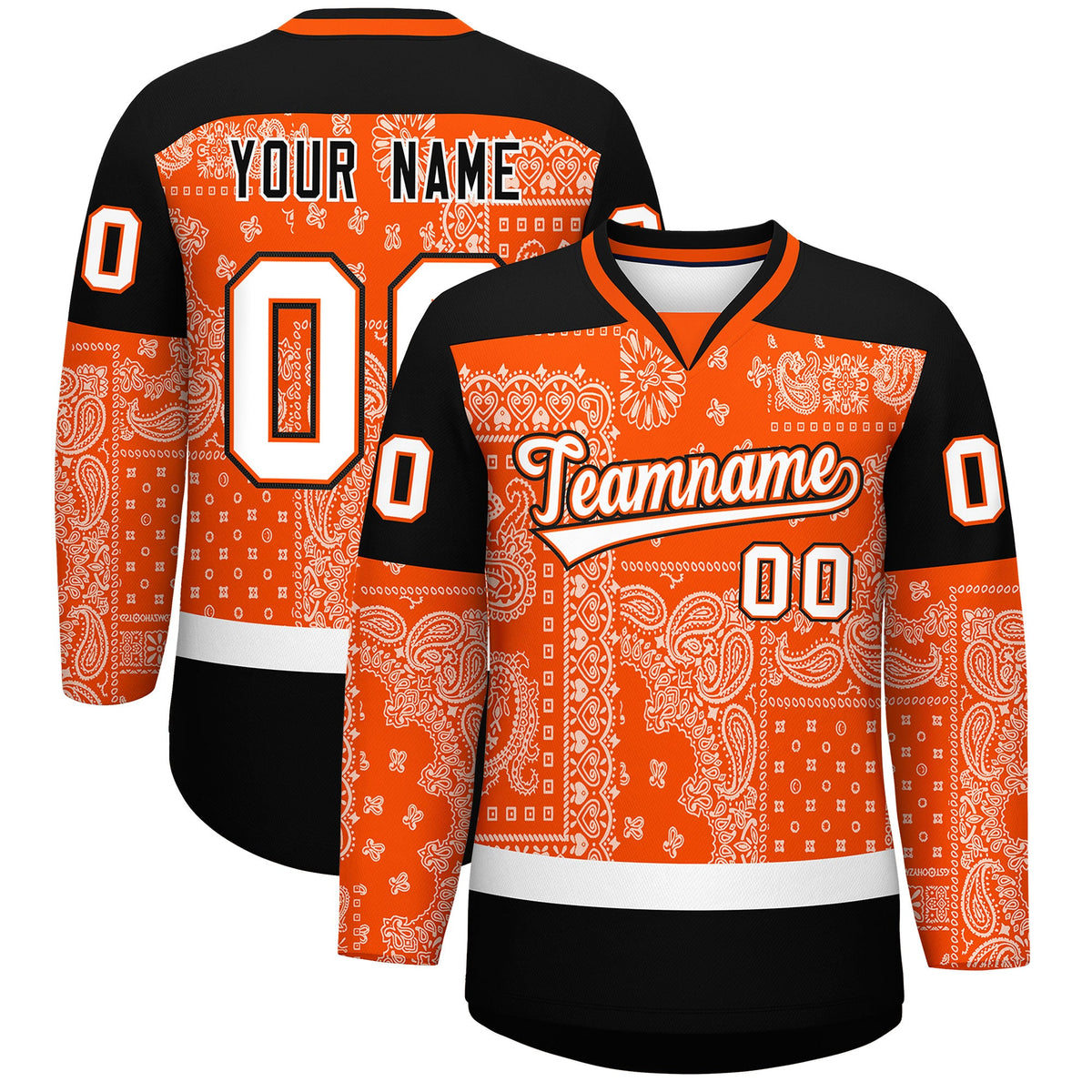 Custom Black Orange White Cashew Flower Graffiti Pattern V-Neck Hockey Jersey| KXKSHOP