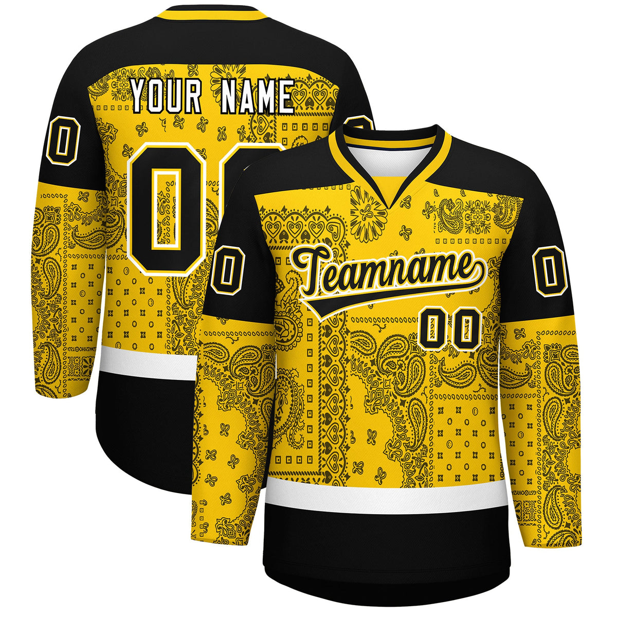 Custom Black Gold White Cashew Flower Graffiti Pattern V-Neck Hockey Jersey| KXKSHOP