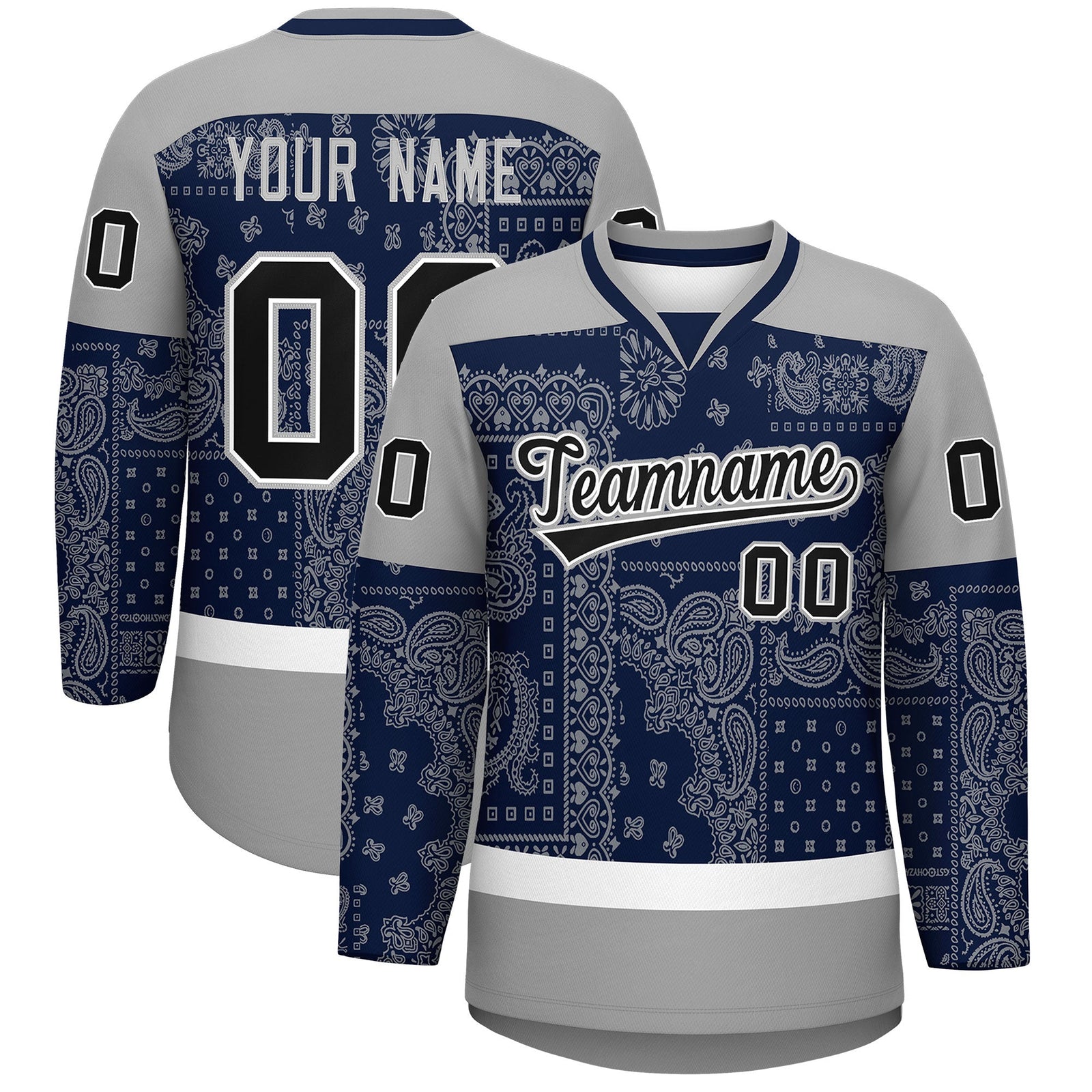 Custom Gray Navy White Cashew Flower Graffiti Pattern V-Neck Hockey Jersey| KXKSHOP