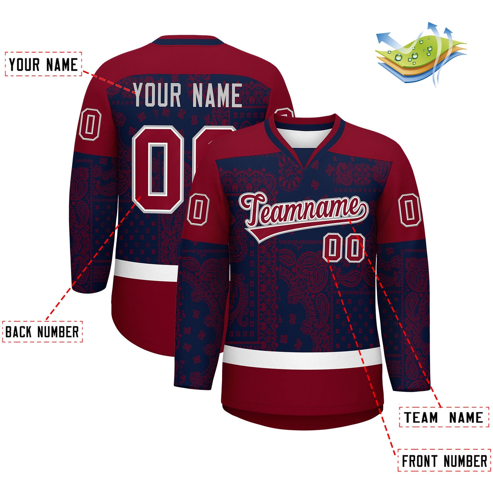 Custom Crimson Navy White Cashew Flower Graffiti Pattern V-Neck Hockey Jersey| KXKSHOP