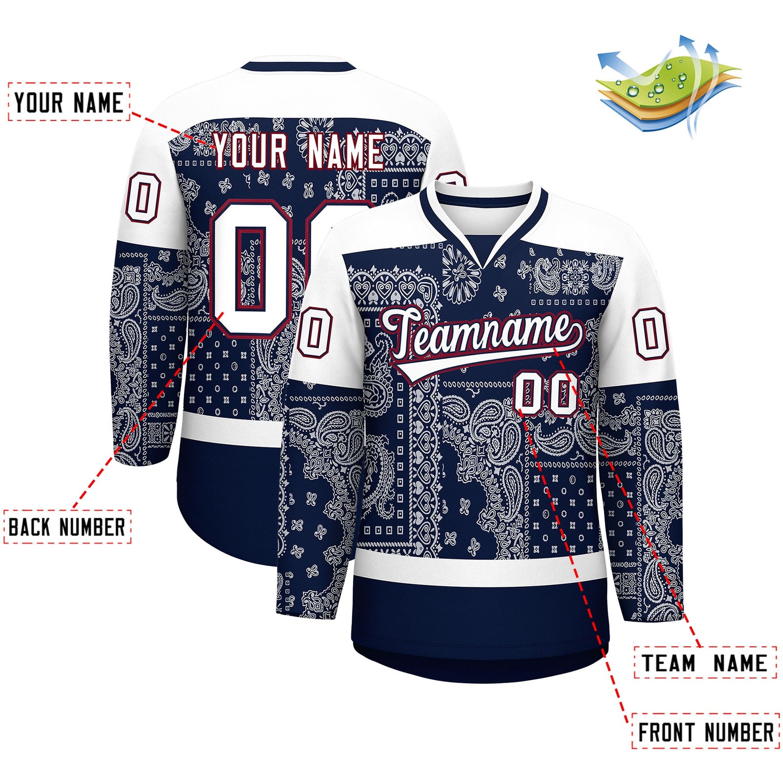 Custom White Navy Crimson Cashew Flower Graffiti Pattern V-Neck Hockey Jersey| KXKSHOP