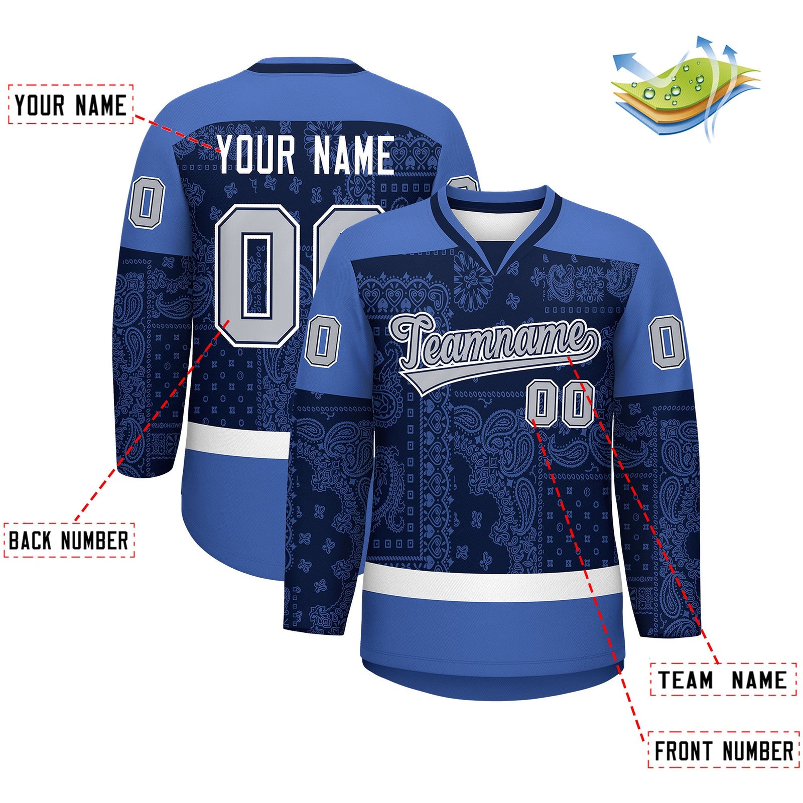 Custom Blue Navy White Cashew Flower Graffiti Pattern V-Neck Hockey Jersey| KXKSHOP