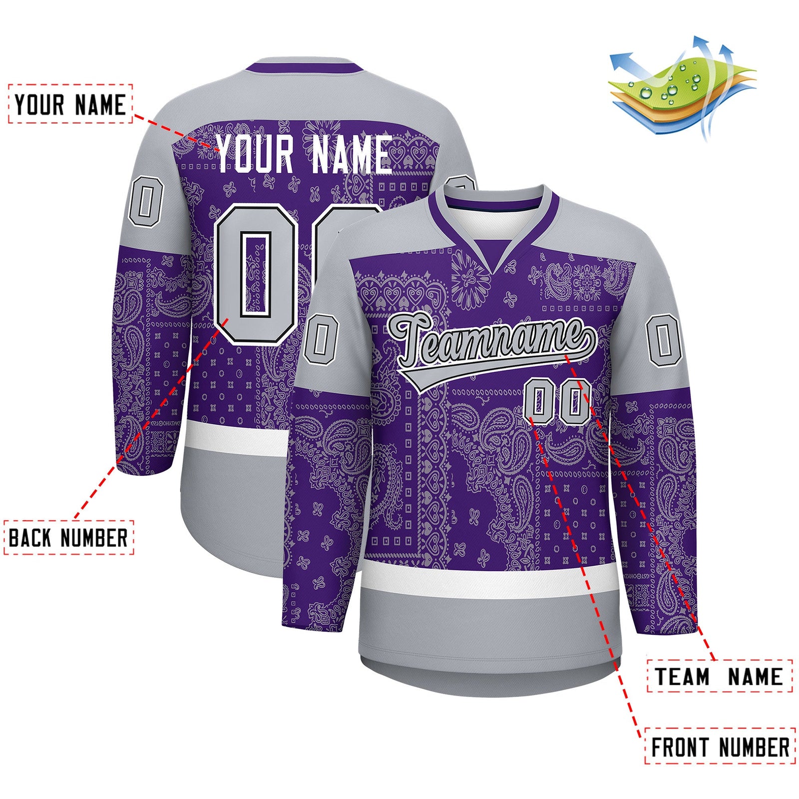 Custom Gray Purple White Cashew Flower Graffiti Pattern V-Neck Hockey Jersey| KXKSHOP