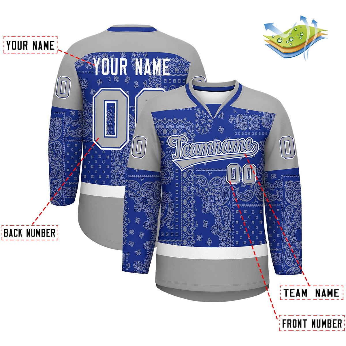 Custom Gray Royal White Cashew Flower Graffiti Pattern V-Neck Hockey Jersey| KXKSHOP