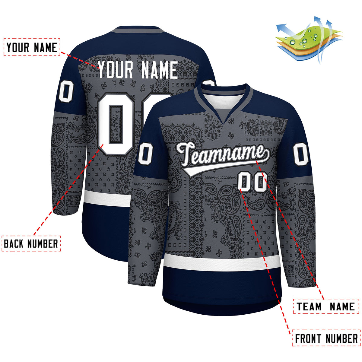 Custom Black Dark Gray White Cashew Flower Graffiti Pattern V-Neck Hockey Jersey| KXKSHOP